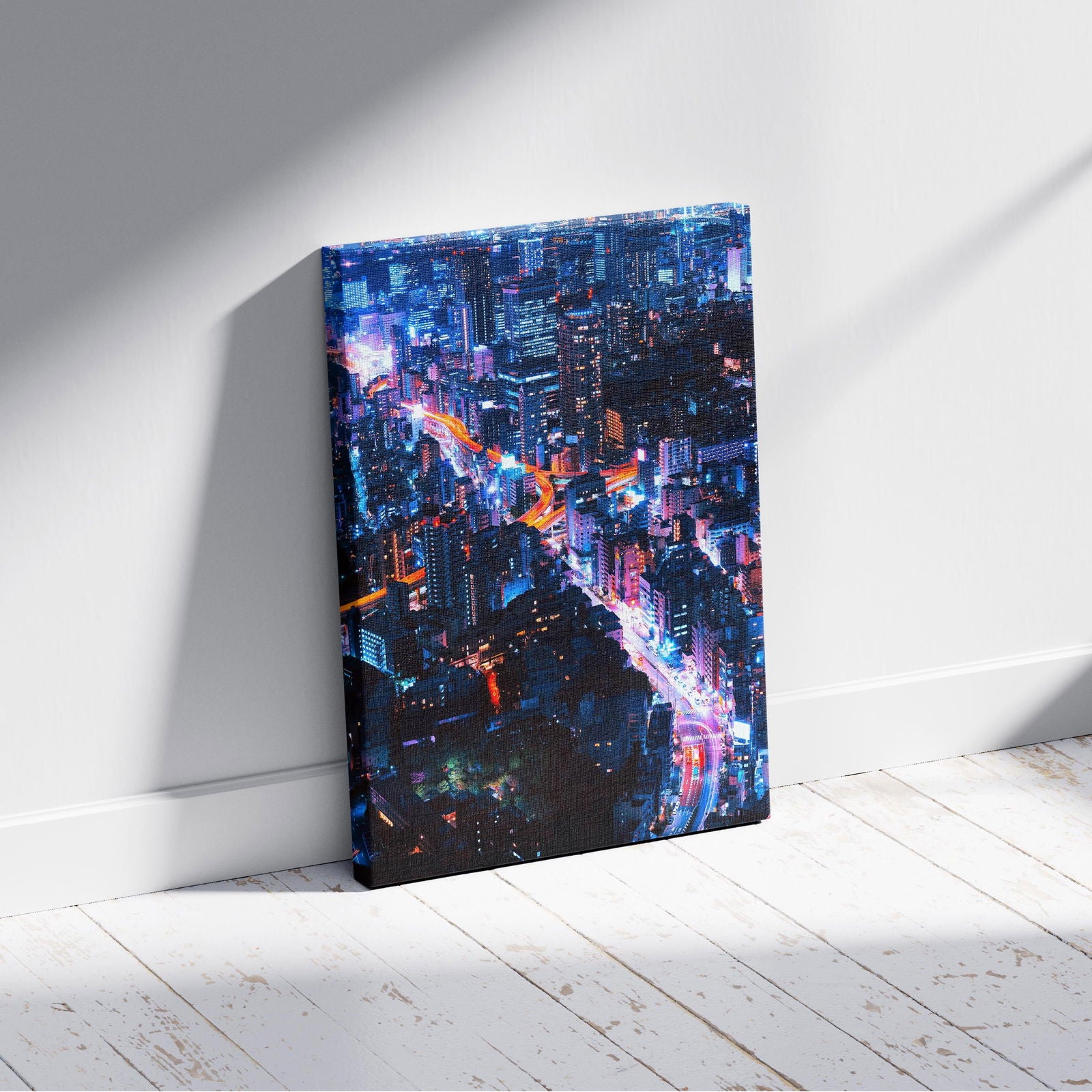 Neon Lights Cityscape NYC - Framed Canvas Wall Art Print - House Prints