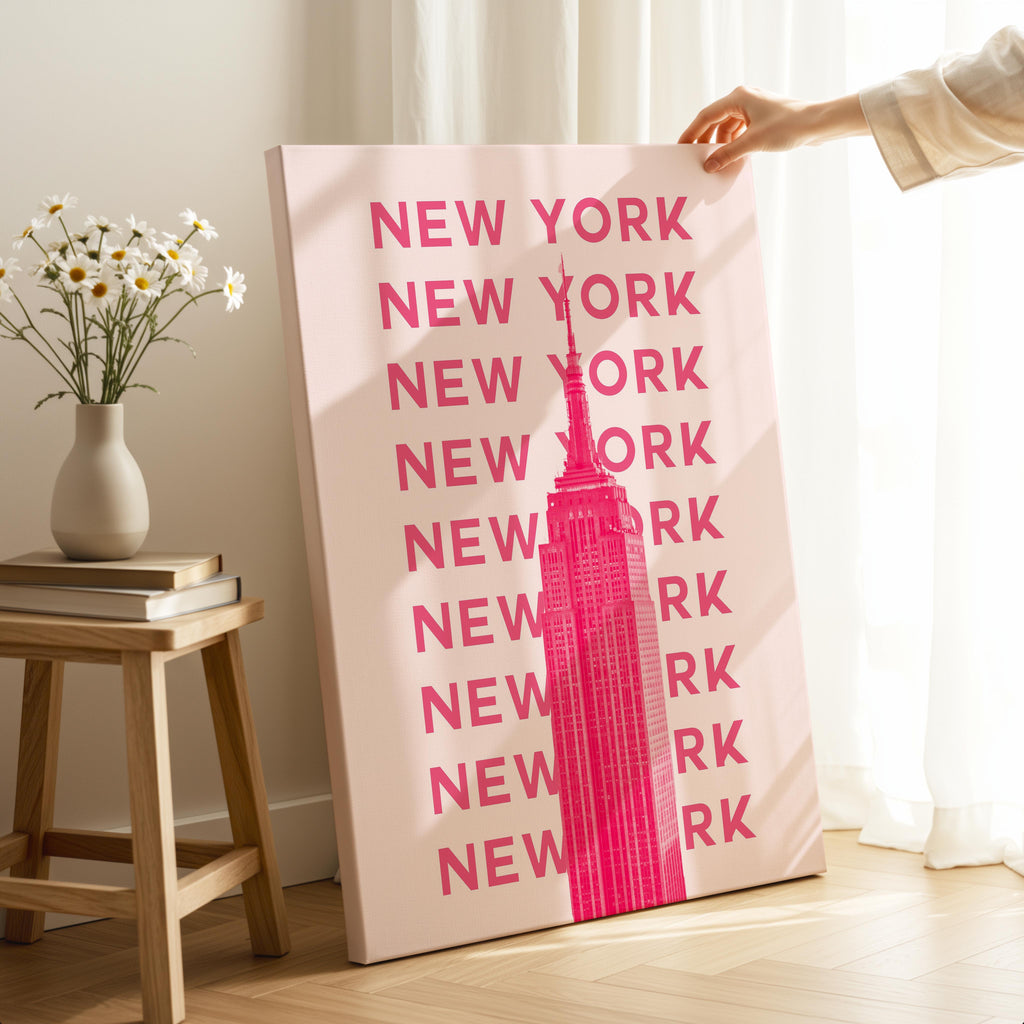 New York NYC Pink Text Travel Art - Framed Canvas Wall Art Print | House Prints