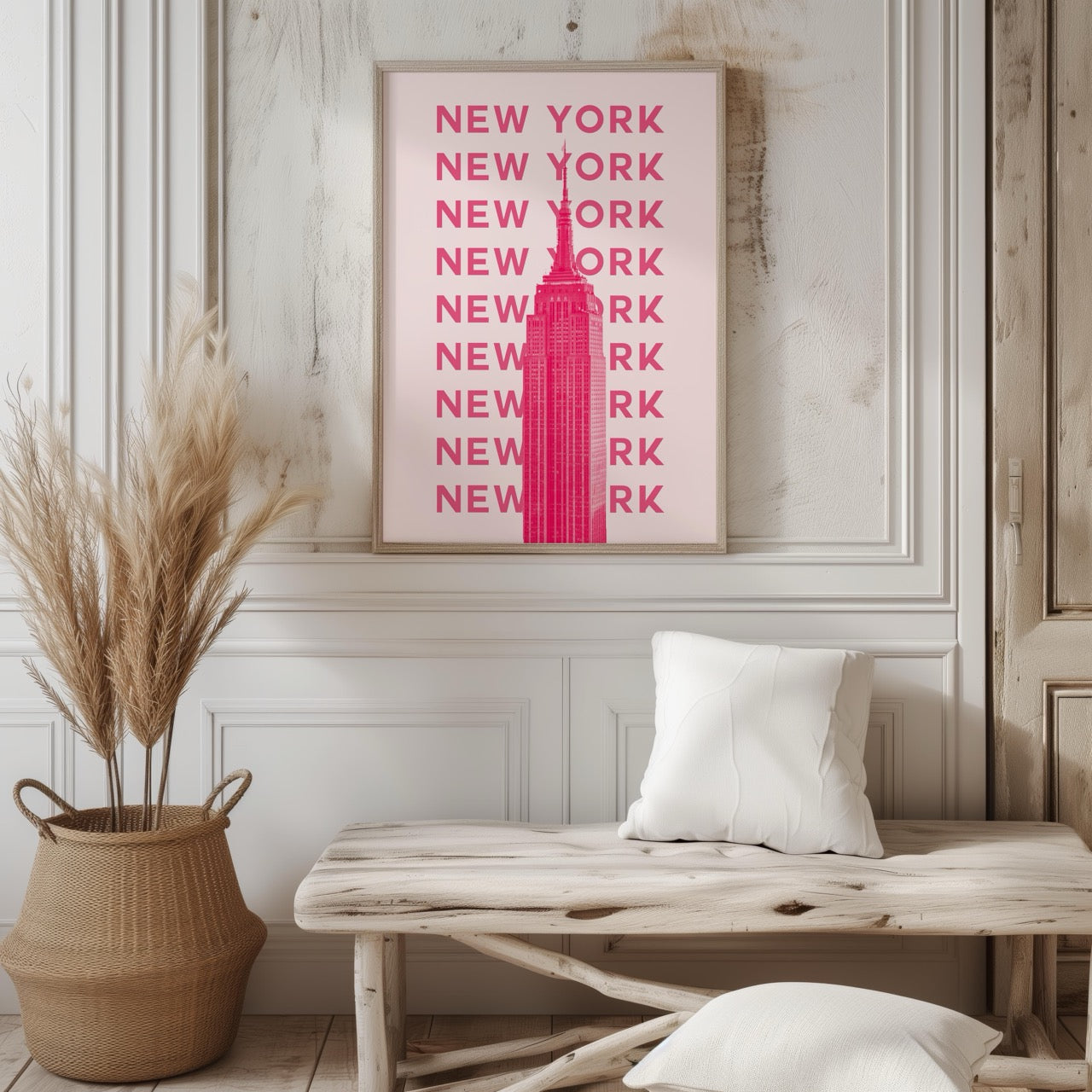 New York NYC Pink Text Travel Art - Rolled Poster Wall Art Print