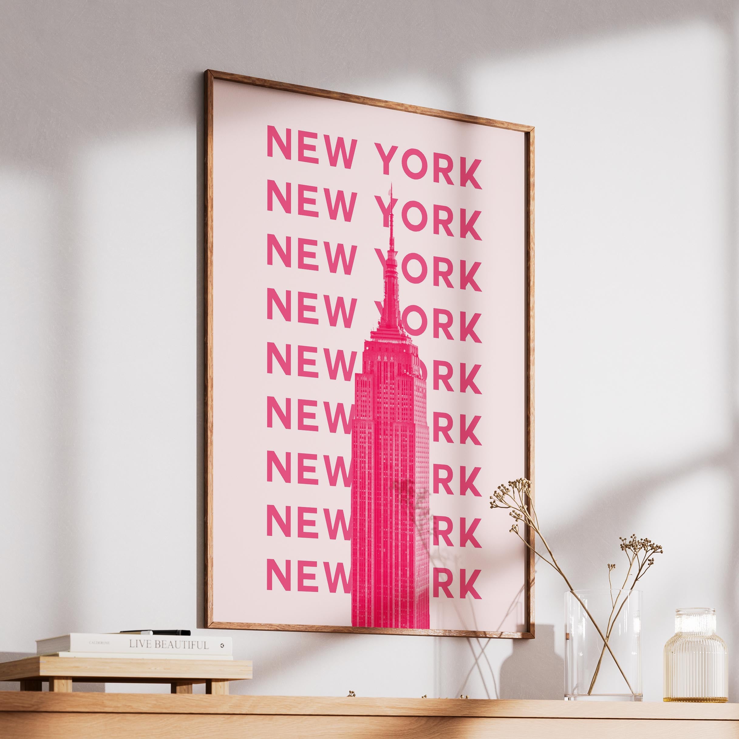 New York NYC Pink Text Travel Art - Rolled Poster Wall Art Print