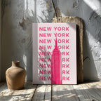 New York NYC Pink Text Travel Art - Framed Canvas Wall Art Print | House Prints