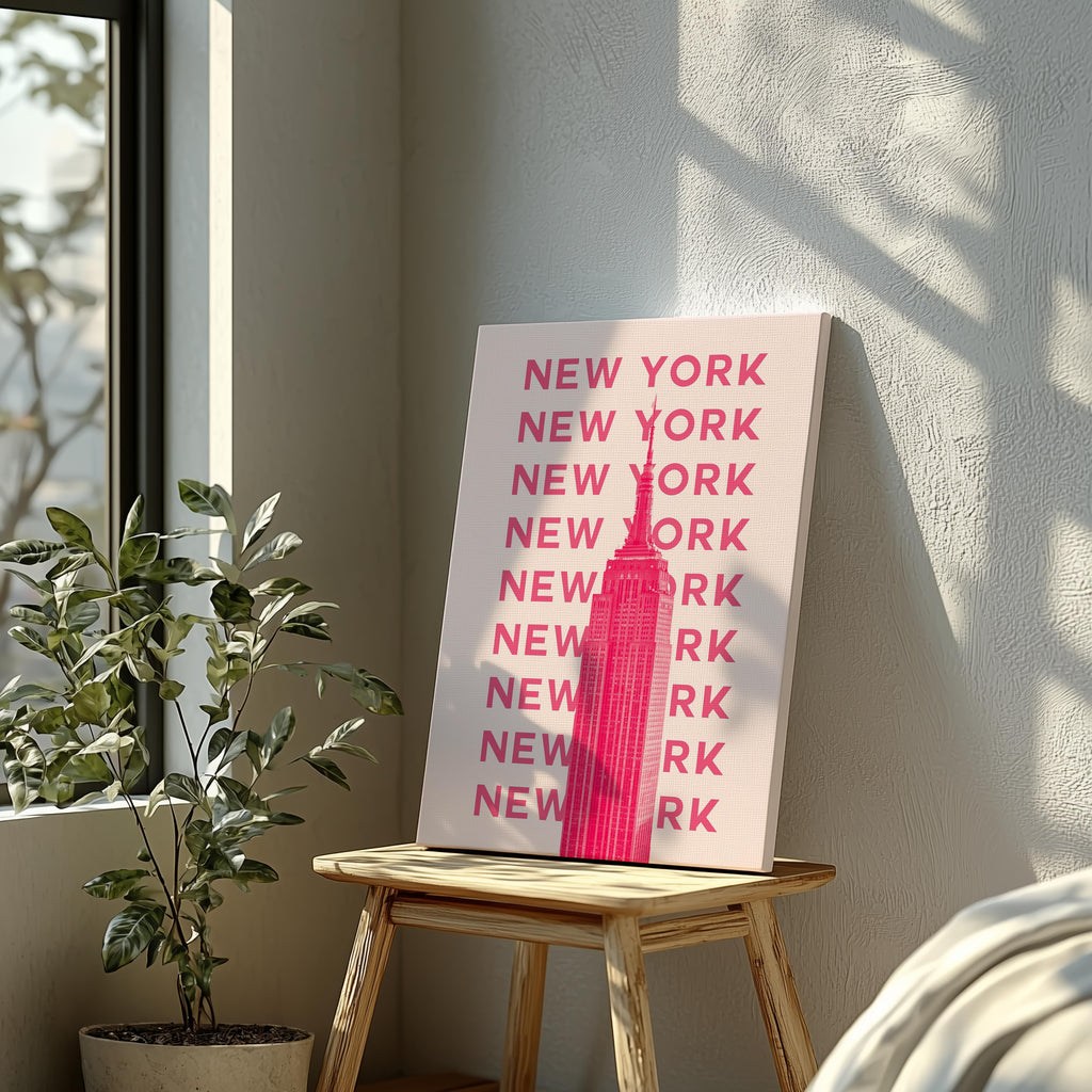 New York NYC Pink Text Travel Art - Framed Canvas Wall Art Print | House Prints