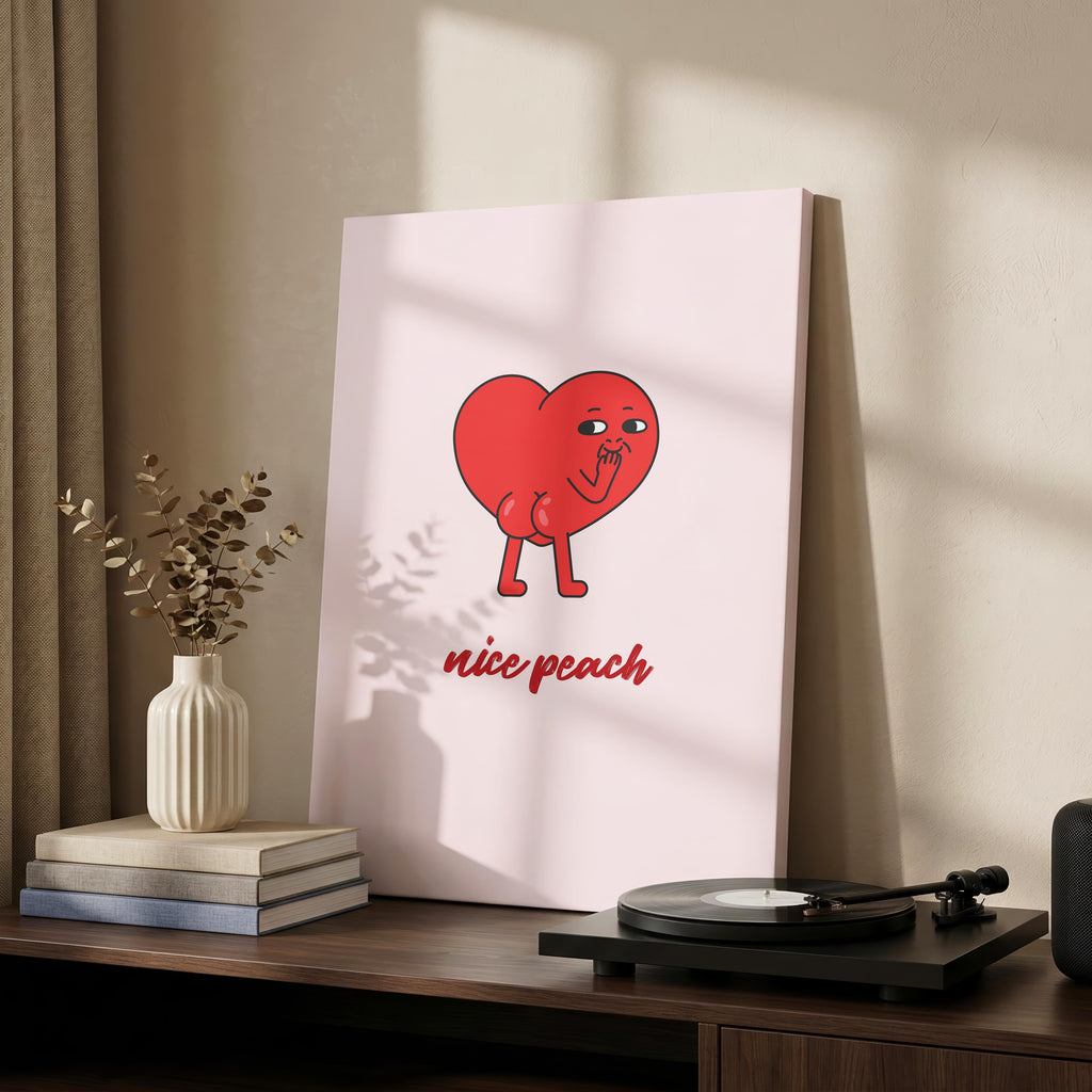 Nice Peach Modern Cheeky Red Heart - Framed Canvas Wall Art Print