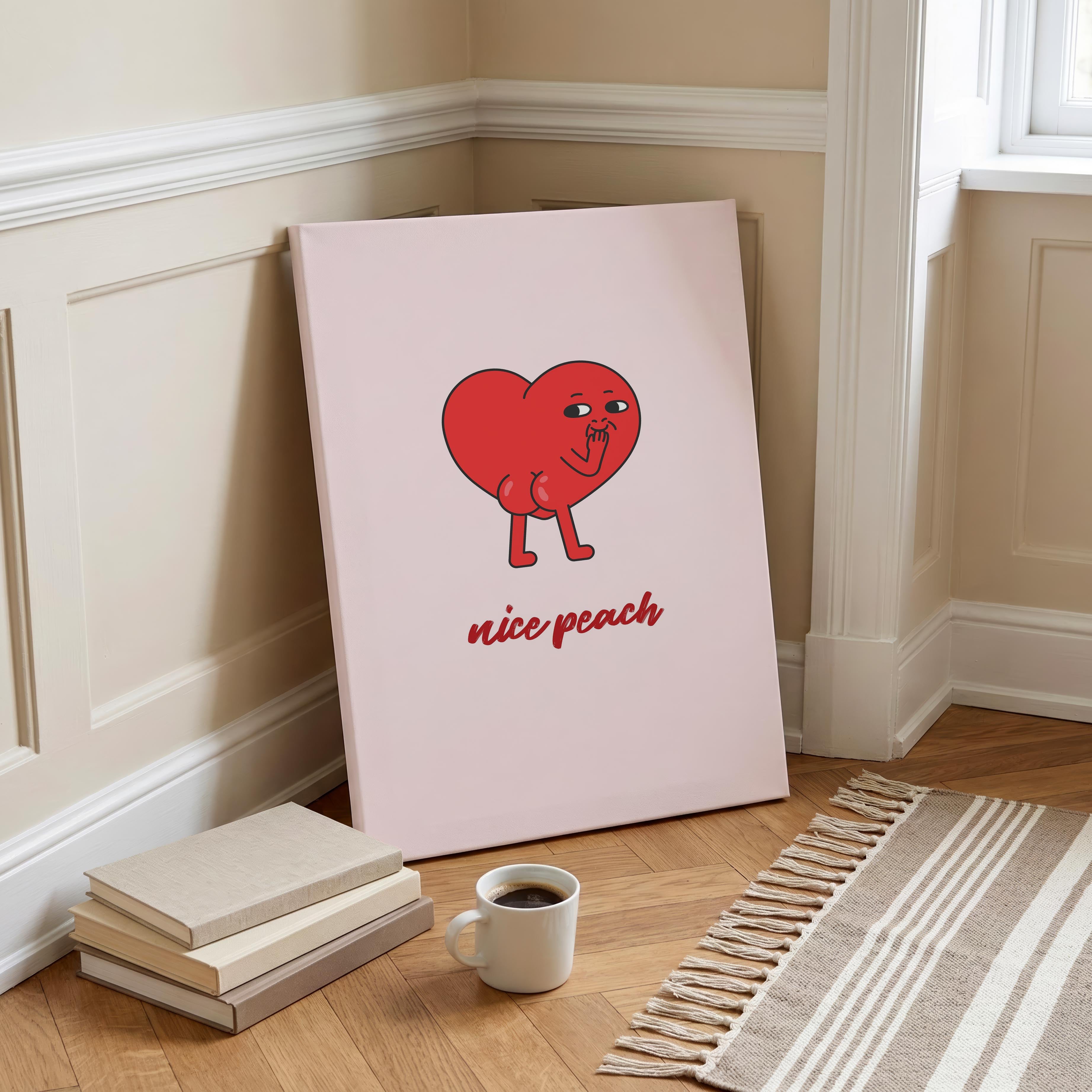 Nice Peach Modern Cheeky Red Heart - Framed Canvas Wall Art Print