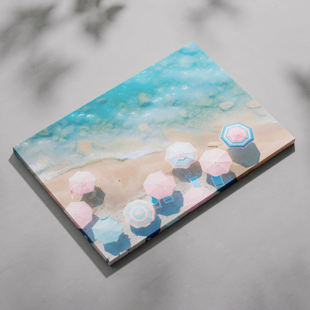 Pastel Beach Umbrellas and Blue Sea - Framed Canvas Wall Art Print | House Prints
