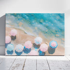 Pastel Beach Umbrellas and Blue Sea - Framed Canvas Wall Art Print | House Prints