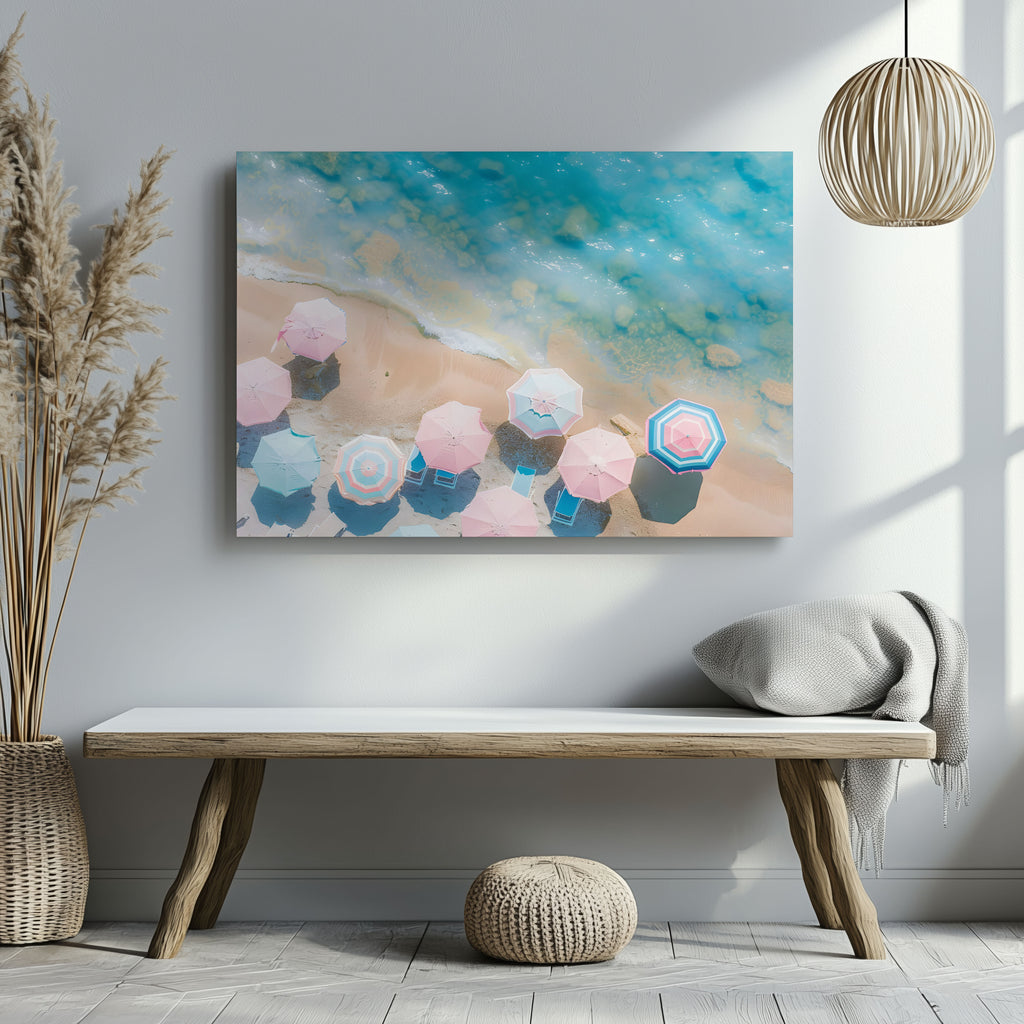 Pastel Beach Umbrellas and Blue Sea - Framed Canvas Wall Art Print | House Prints