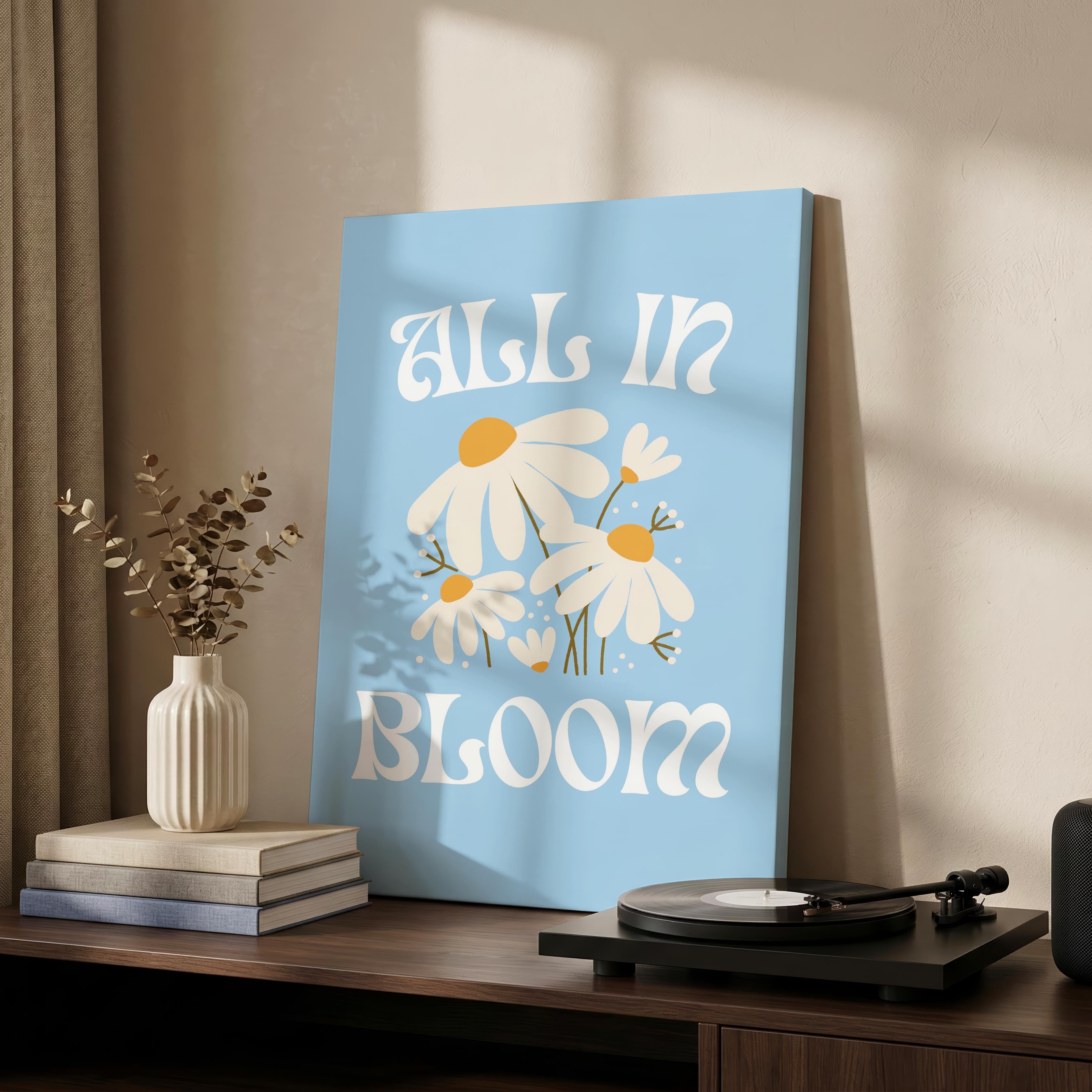 Pastel Blue Daisy Flowers All In Bloom - Framed Canvas Wall Art Print