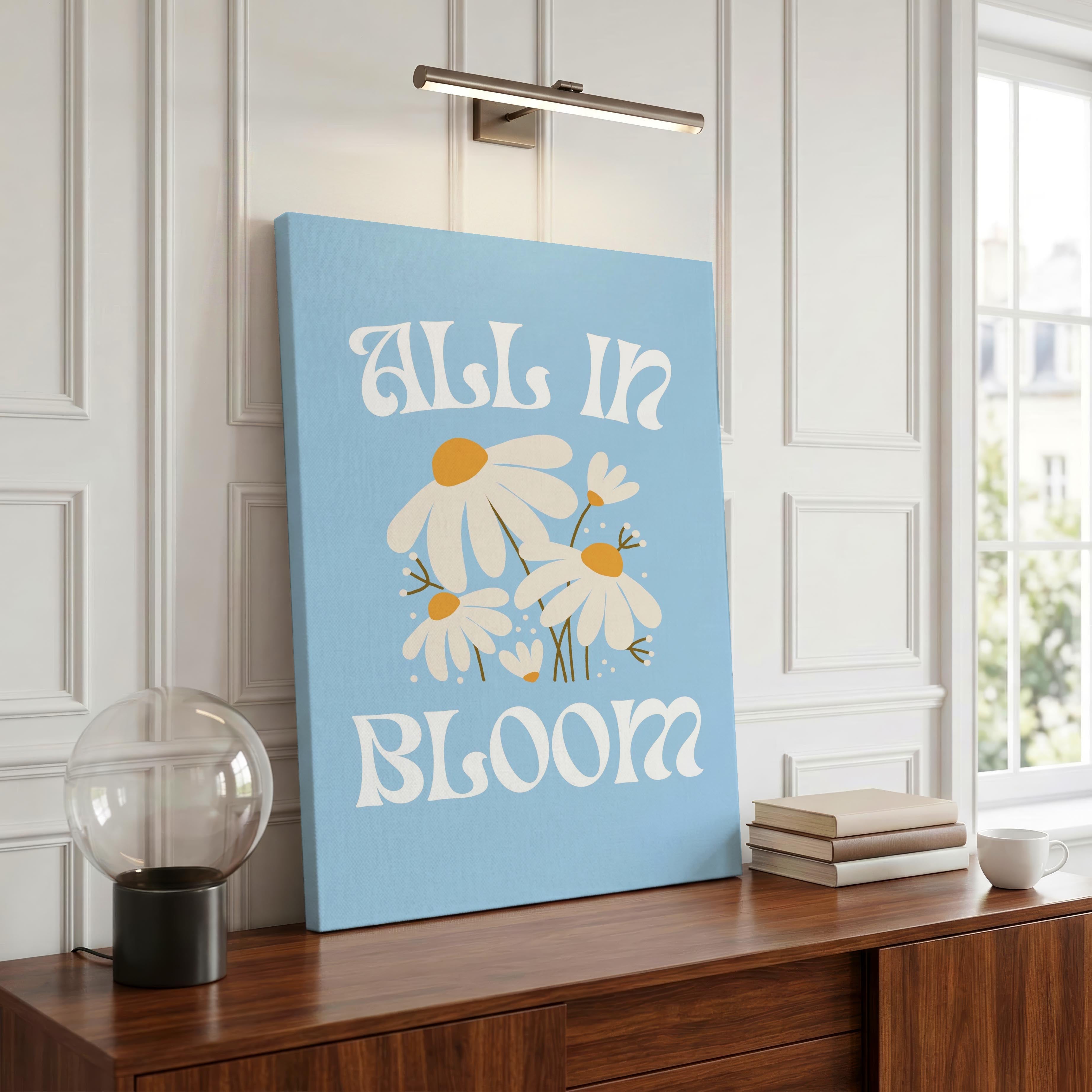 Pastel Blue Daisy Flowers All In Bloom - Framed Canvas Wall Art Print