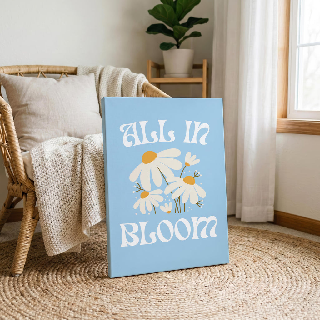 Pastel Blue Daisy Flowers All In Bloom - Framed Canvas Wall Art Print