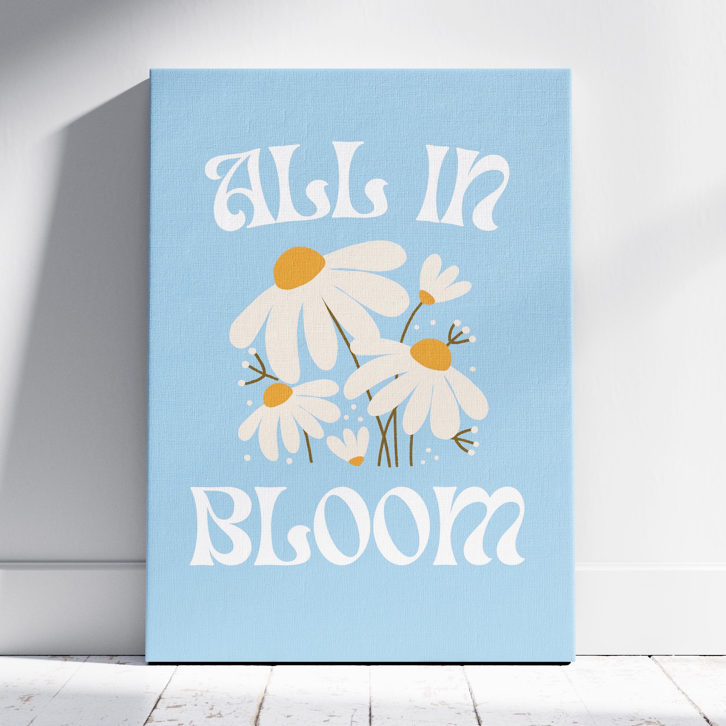 Pastel Blue Daisy Flowers All In Bloom - Framed Canvas Wall Art Print
