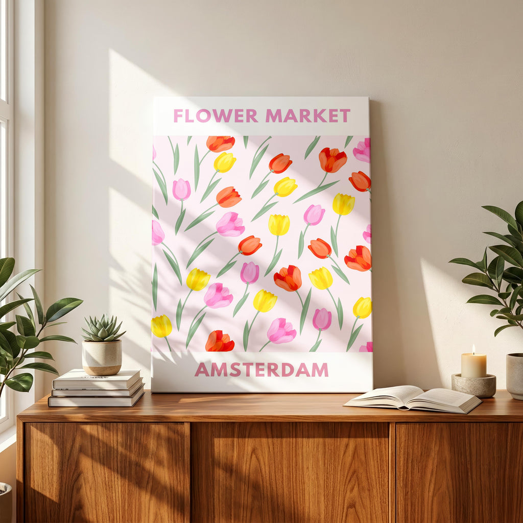 Pastel Pink Tulip Flower Market Amsterdam - Framed Canvas Wall Art Print