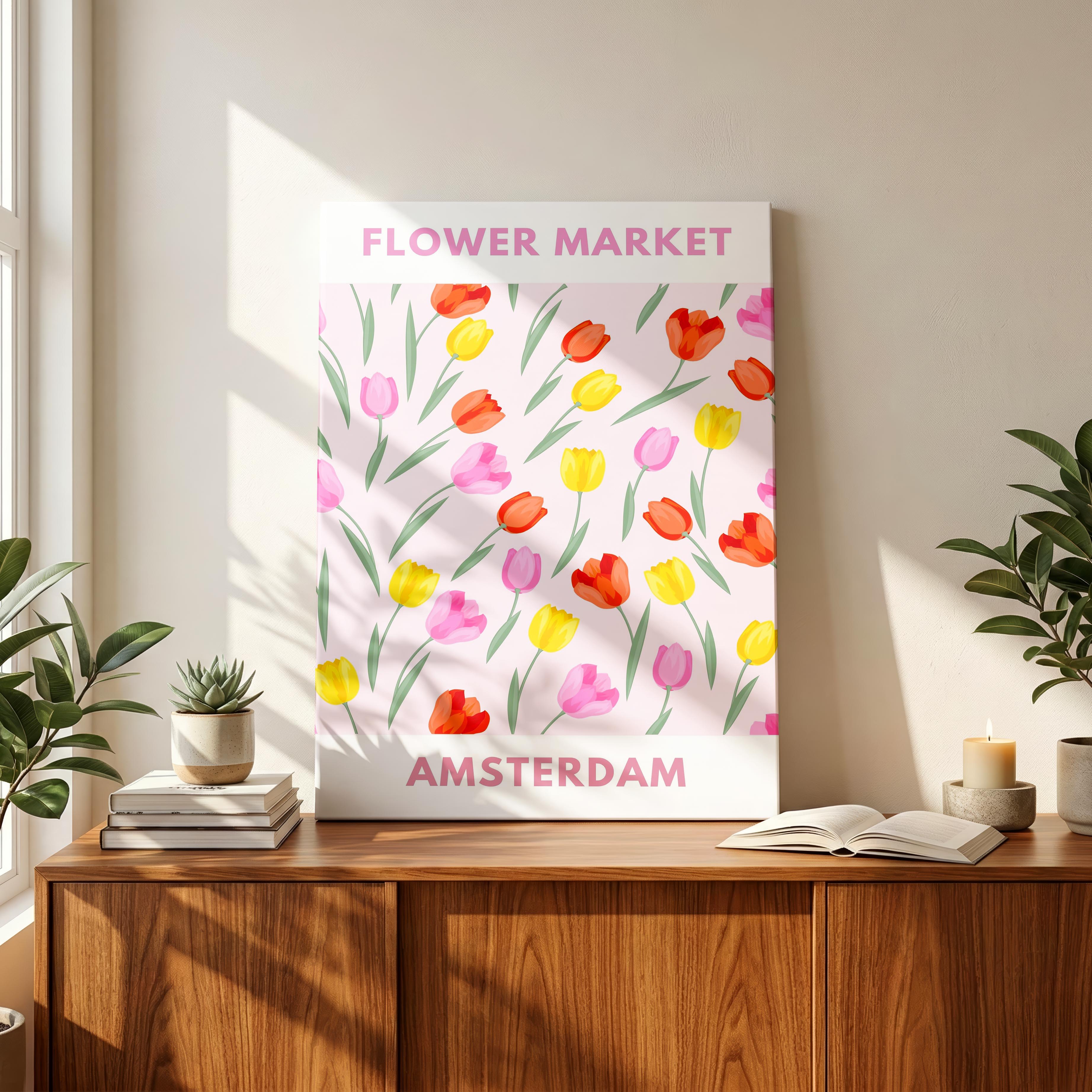 Pastel Pink Tulip Flower Market Amsterdam - Framed Canvas Wall Art Print