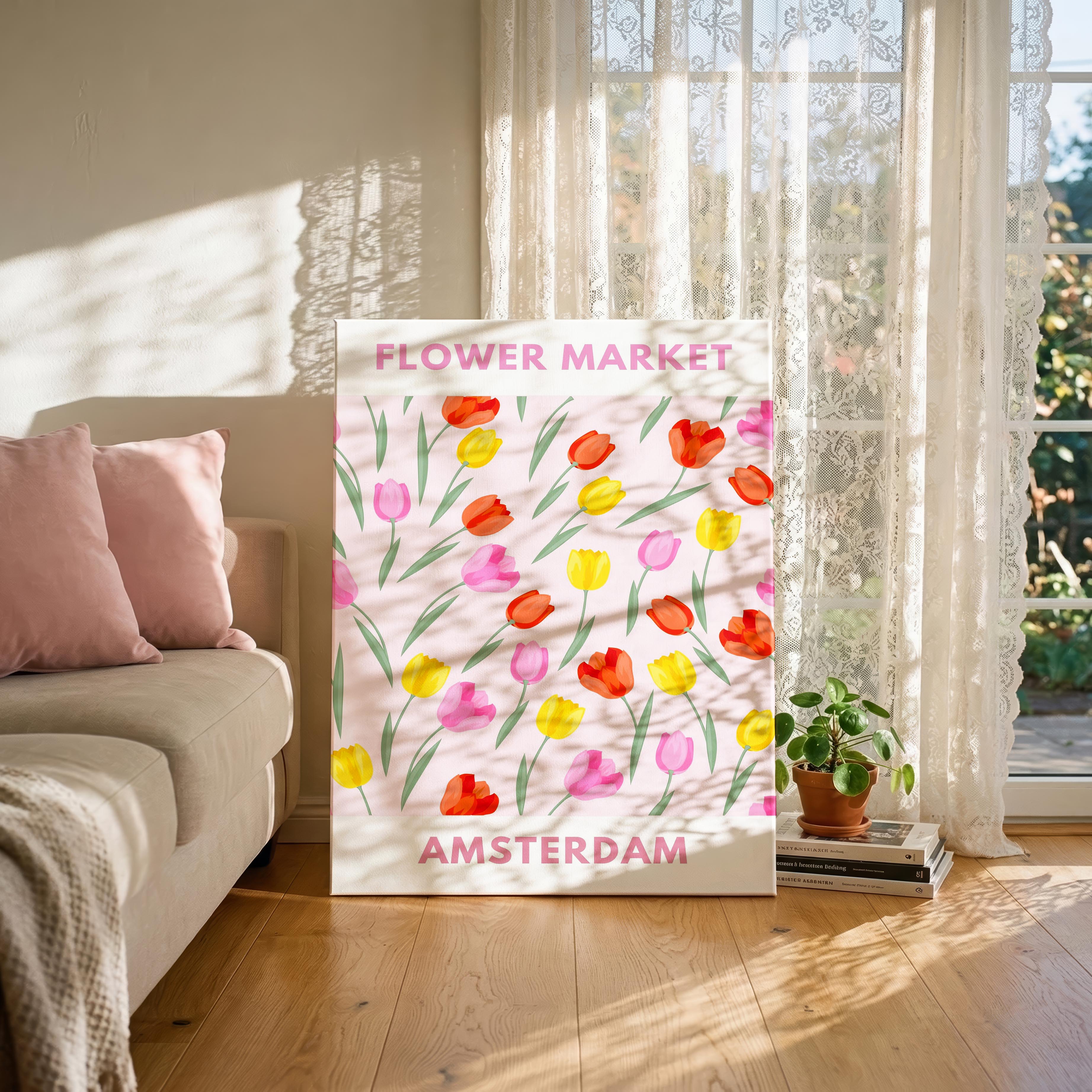 Pastel Pink Tulip Flower Market Amsterdam - Framed Canvas Wall Art Print