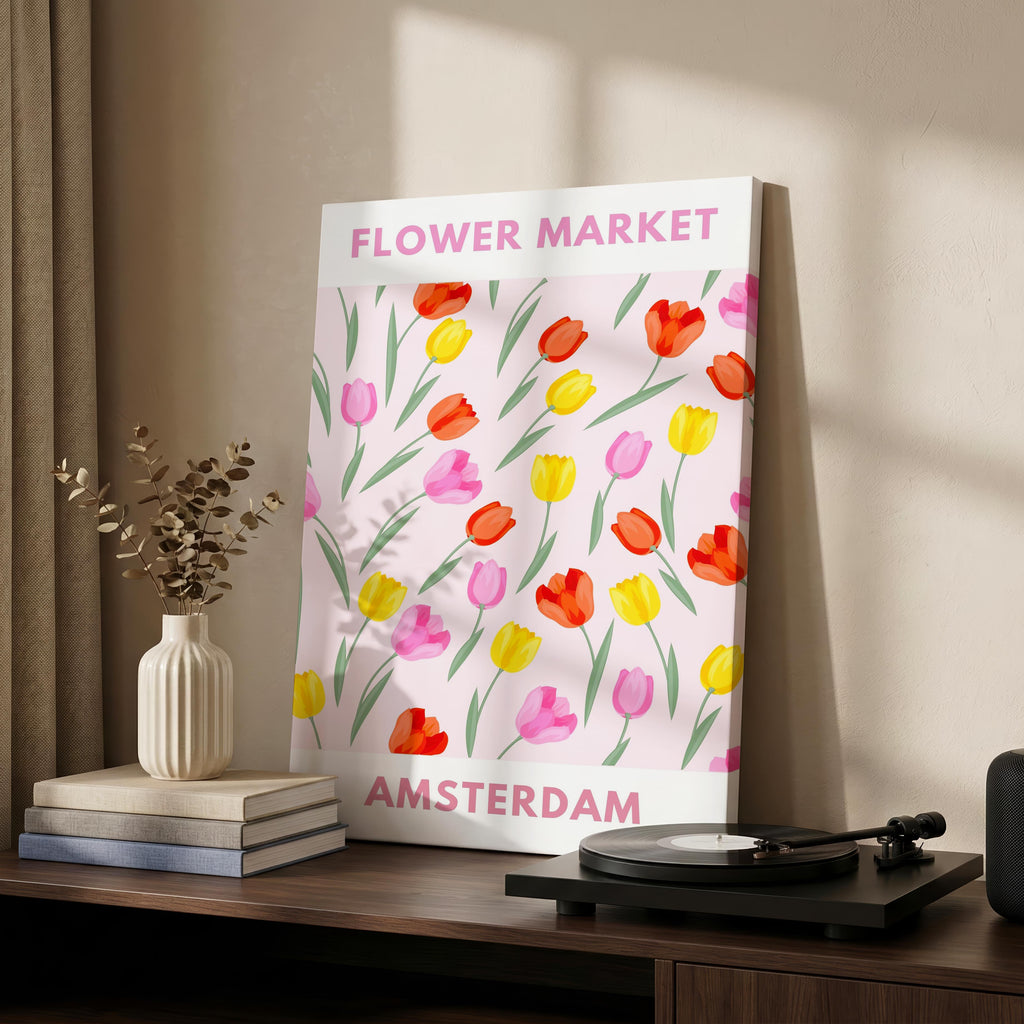 Pastel Pink Tulip Flower Market Amsterdam - Framed Canvas Wall Art Print