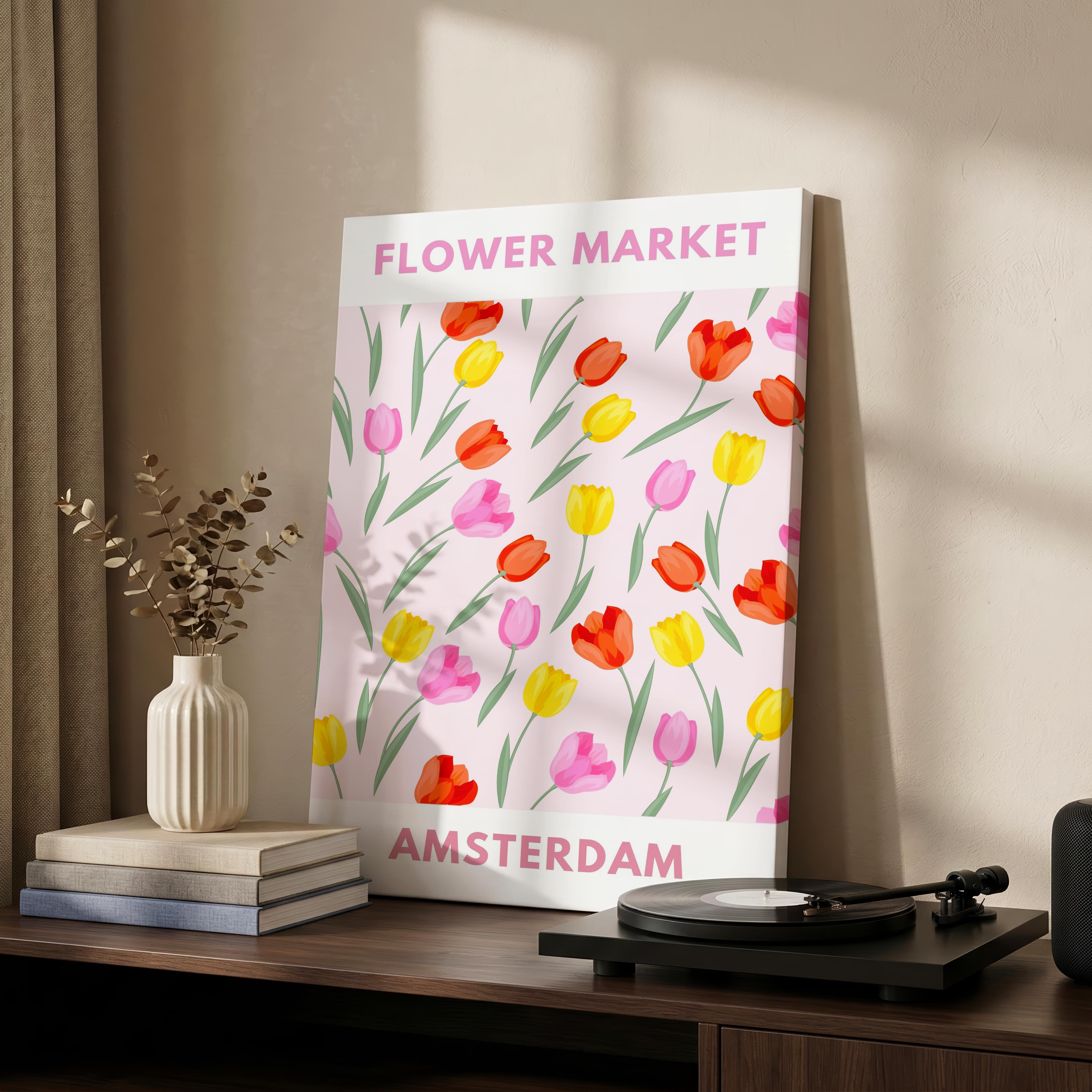 Pastel Pink Tulip Flower Market Amsterdam - Framed Canvas Wall Art Print