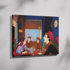 Elegant Café Conversations Vintage Illustration - Framed Canvas Wall Art Print | House Prints