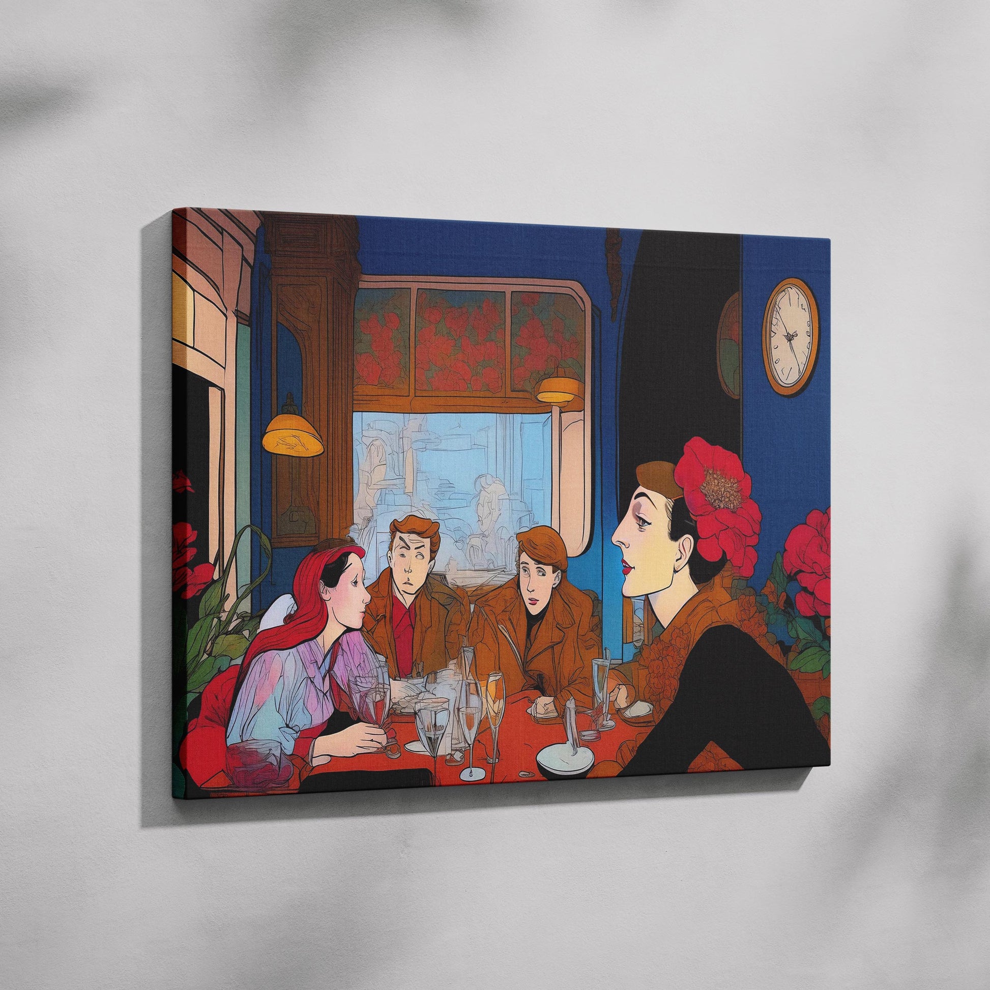 Elegant Café Conversations Vintage Illustration - Framed Canvas Wall Art Print - House Prints