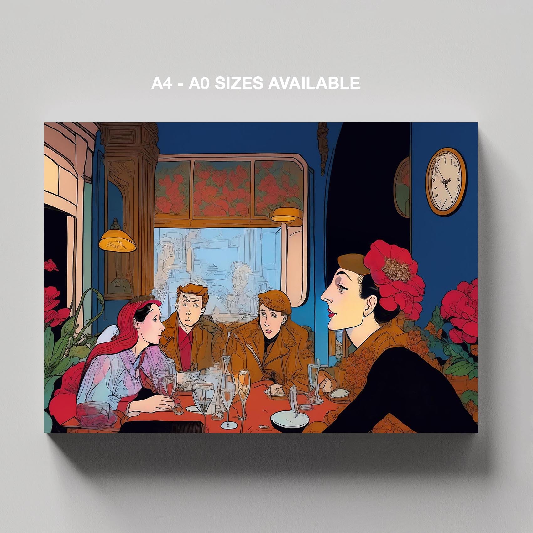 Elegant Café Conversations Vintage Illustration - Framed Canvas Wall Art Print | House Prints