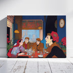 Elegant Café Conversations Vintage Illustration - Framed Canvas Wall Art Print | House Prints