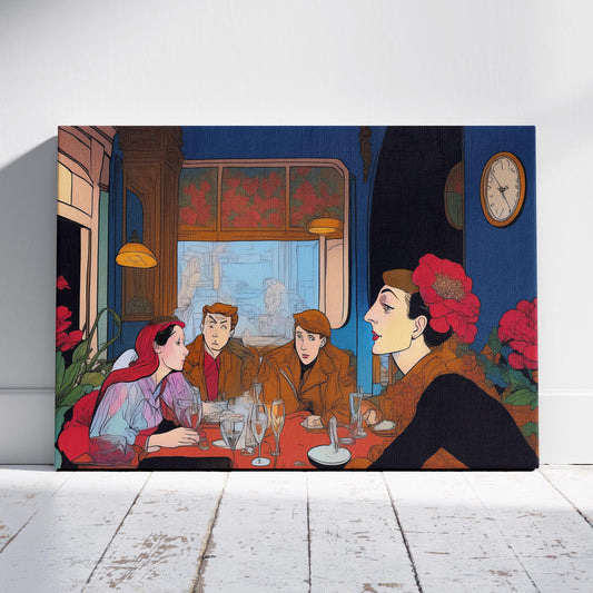Elegant Café Conversations Vintage Illustration - Framed Canvas Wall Art Print - House Prints