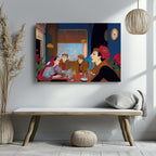 Elegant Café Conversations Vintage Illustration - Framed Canvas Wall Art Print | House Prints