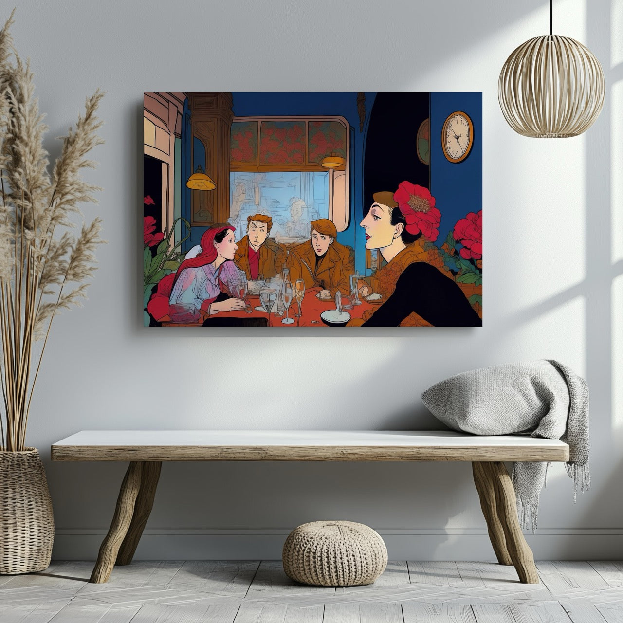 Elegant Café Conversations Vintage Illustration - Framed Canvas Wall Art Print - House Prints