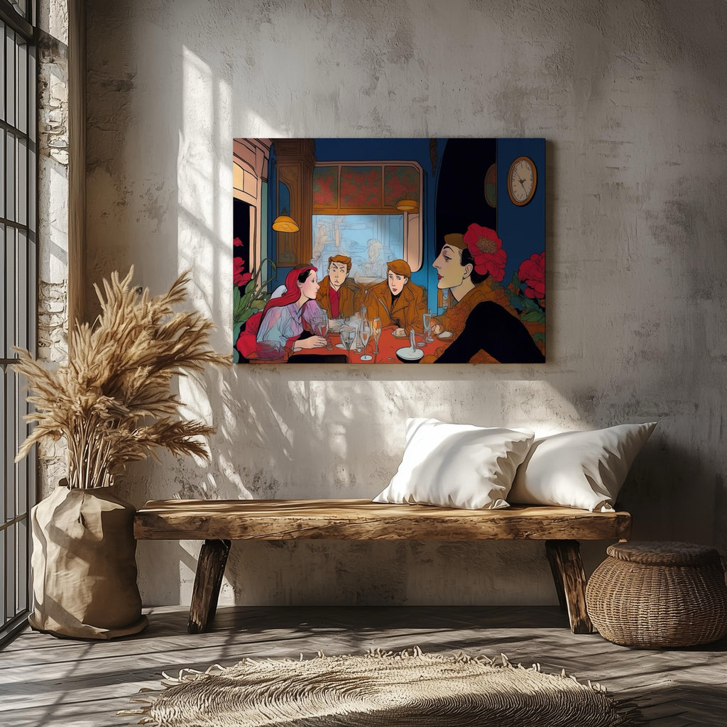 Elegant Café Conversations Vintage Illustration - Framed Canvas Wall Art Print | House Prints