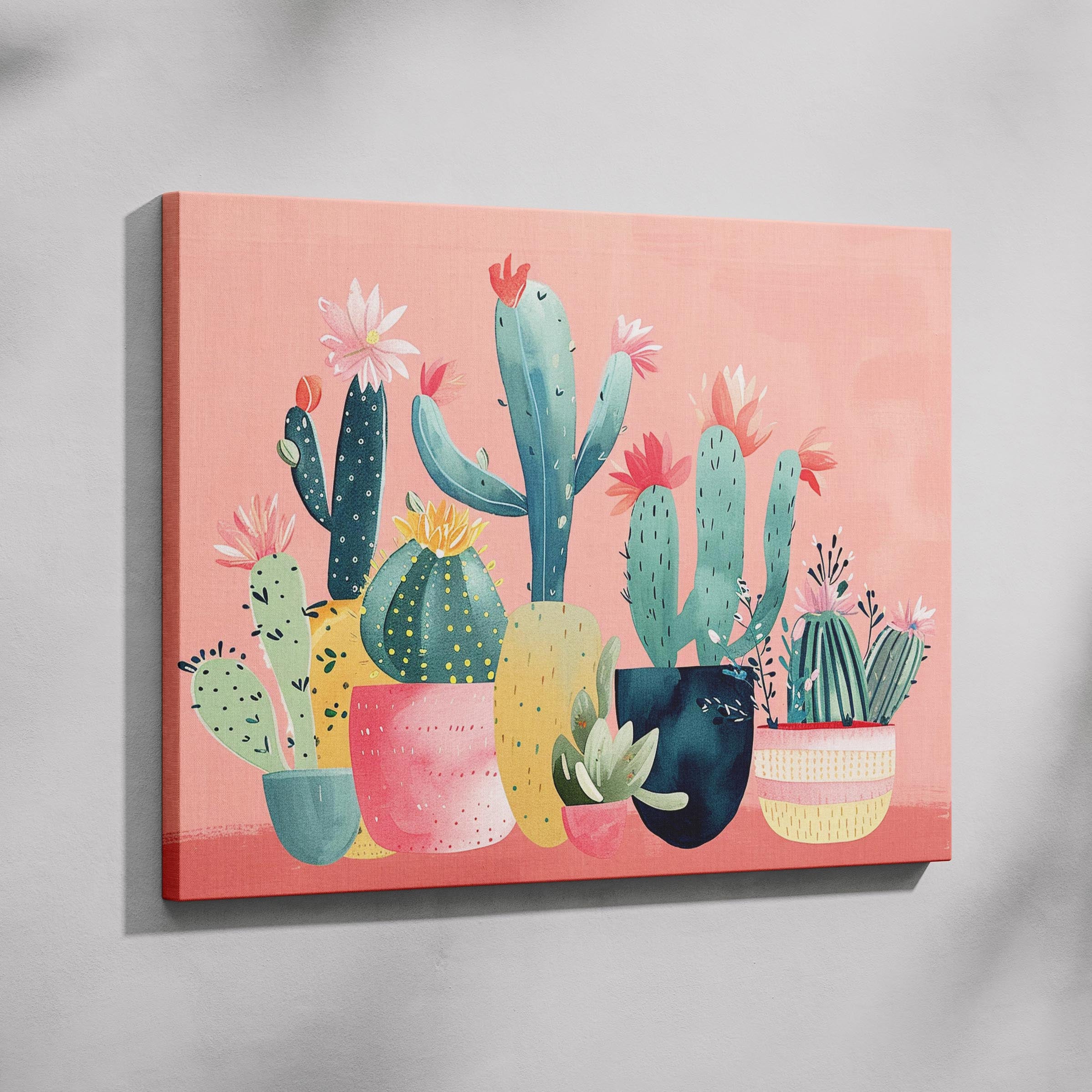 Pink Blooming Cactus Delight - Framed Canvas Wall Art Print | House Prints