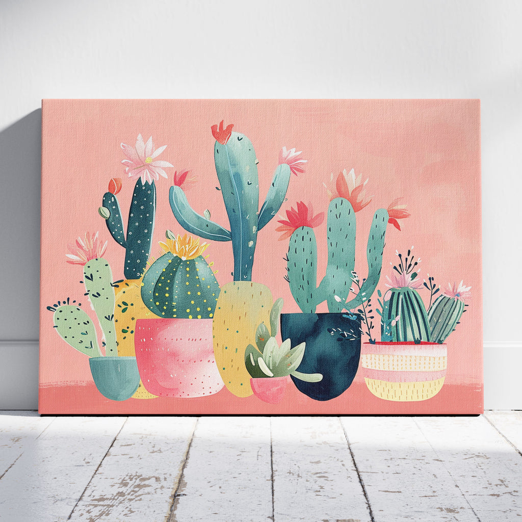 Pink Blooming Cactus Delight - Framed Canvas Wall Art Print | House Prints
