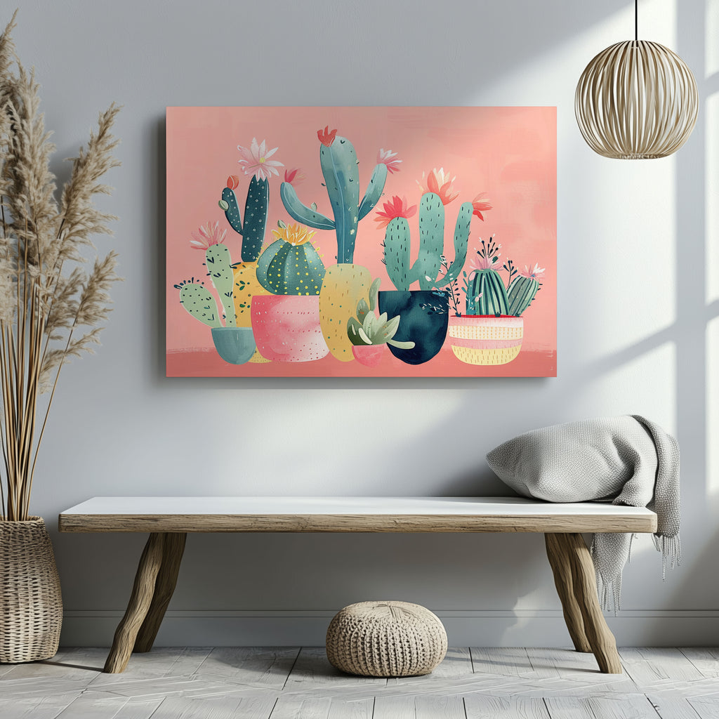Pink Blooming Cactus Delight - Framed Canvas Wall Art Print | House Prints