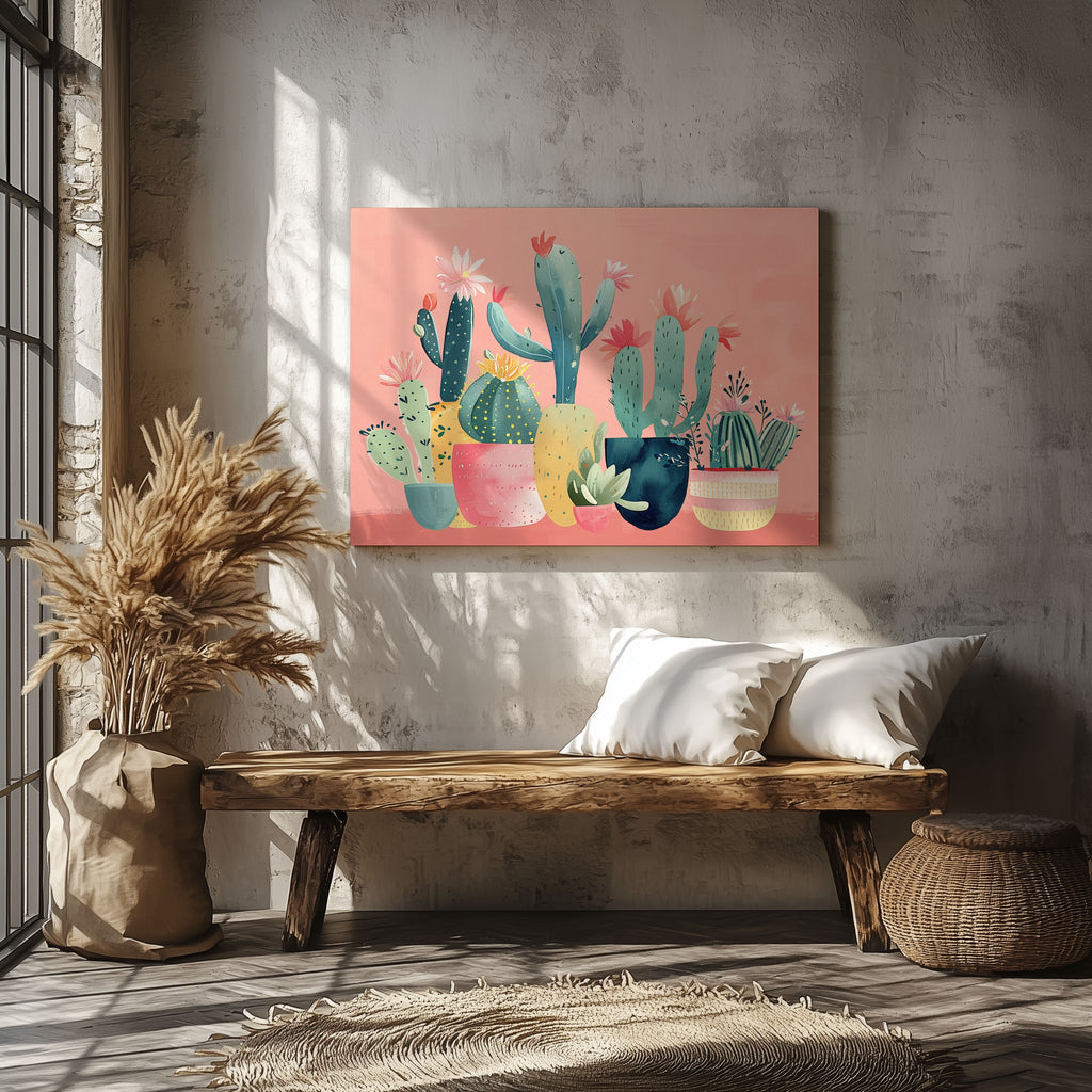 Pink Blooming Cactus Delight - Framed Canvas Wall Art Print | House Prints