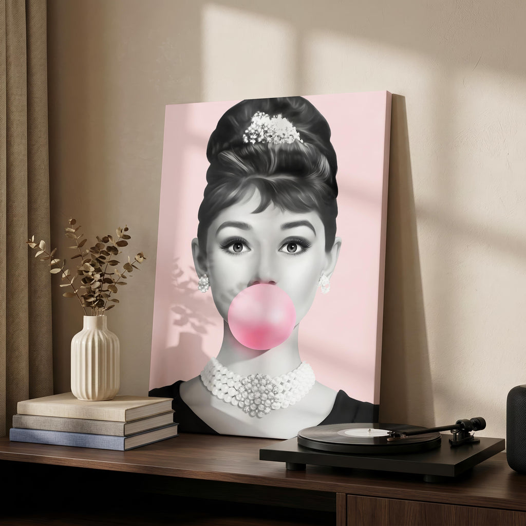 Pink Bubblegum Classic Audrey Hepburn Pop Icon - Framed Canvas Wall Art Print