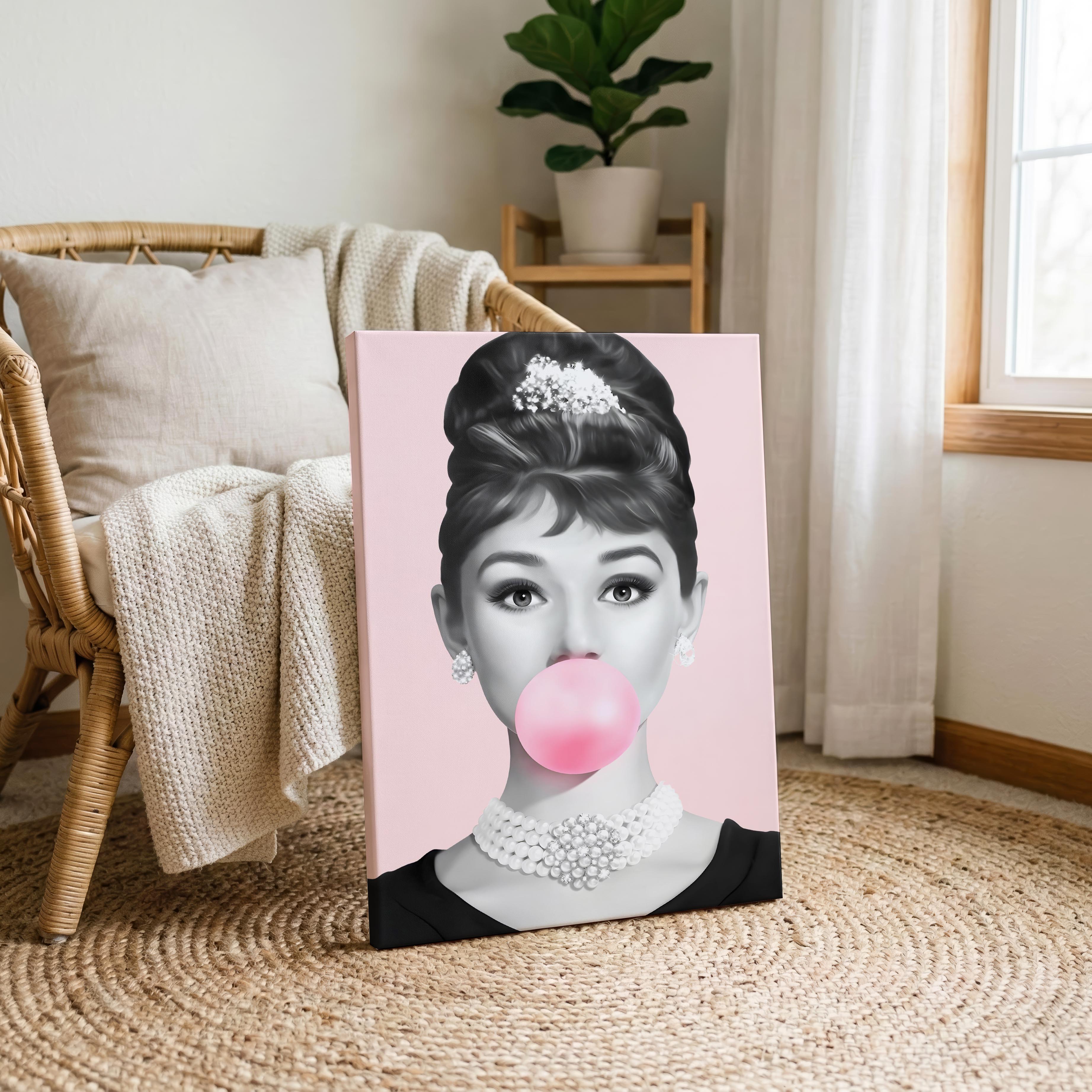 Pink Bubblegum Classic Audrey Hepburn Pop Icon - Framed Canvas Wall Art Print