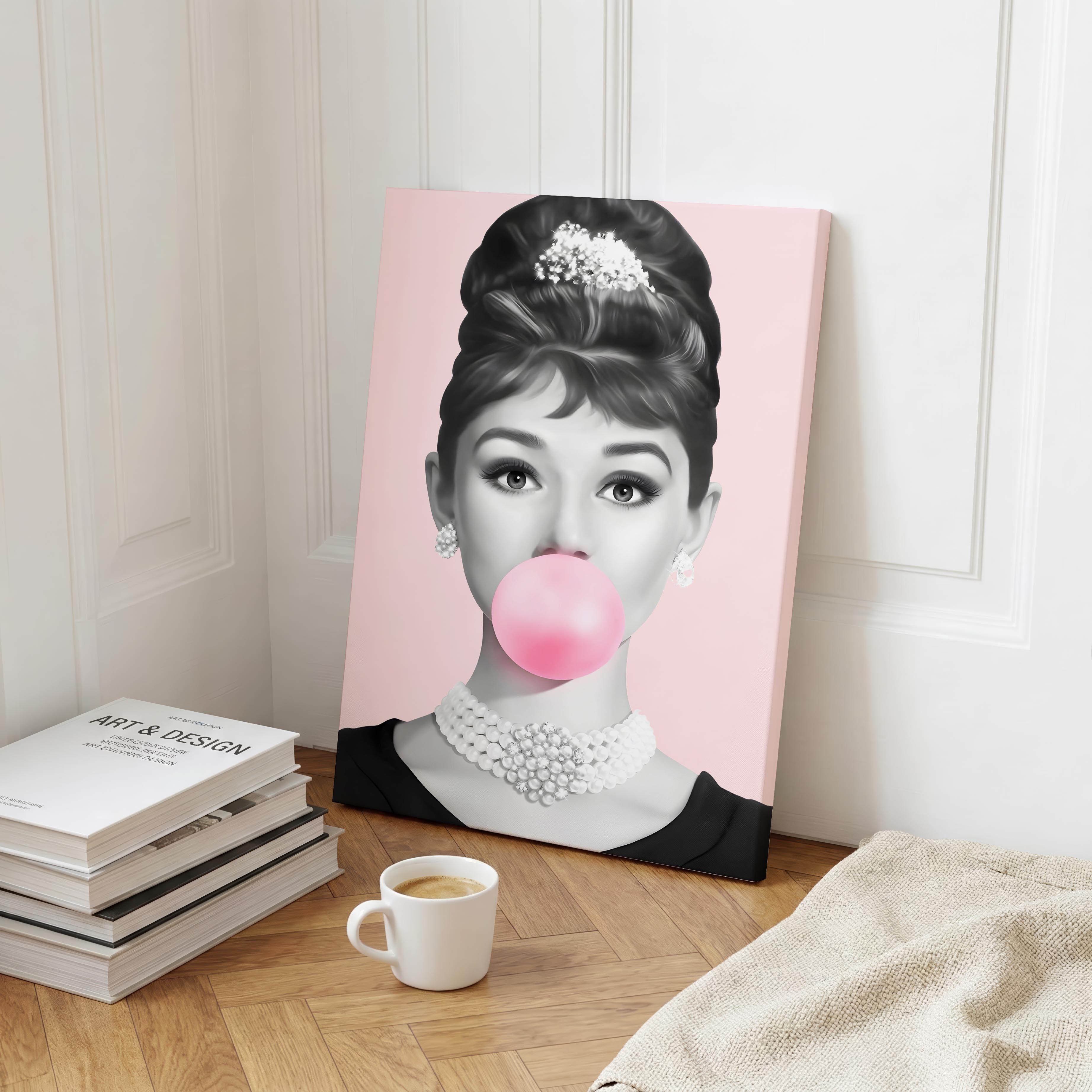 Pink Bubblegum Classic Audrey Hepburn Pop Icon - Framed Canvas Wall Art Print