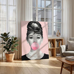 Pink Bubblegum Classic Audrey Hepburn Pop Icon - Framed Canvas Wall Art Print