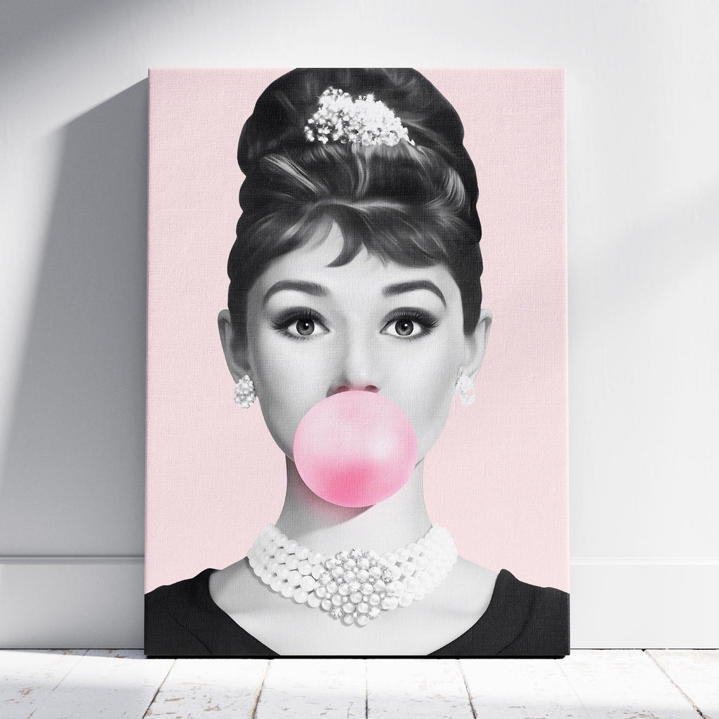 Pink Bubblegum Classic Audrey Hepburn Pop Icon - Framed Canvas Wall Art Print
