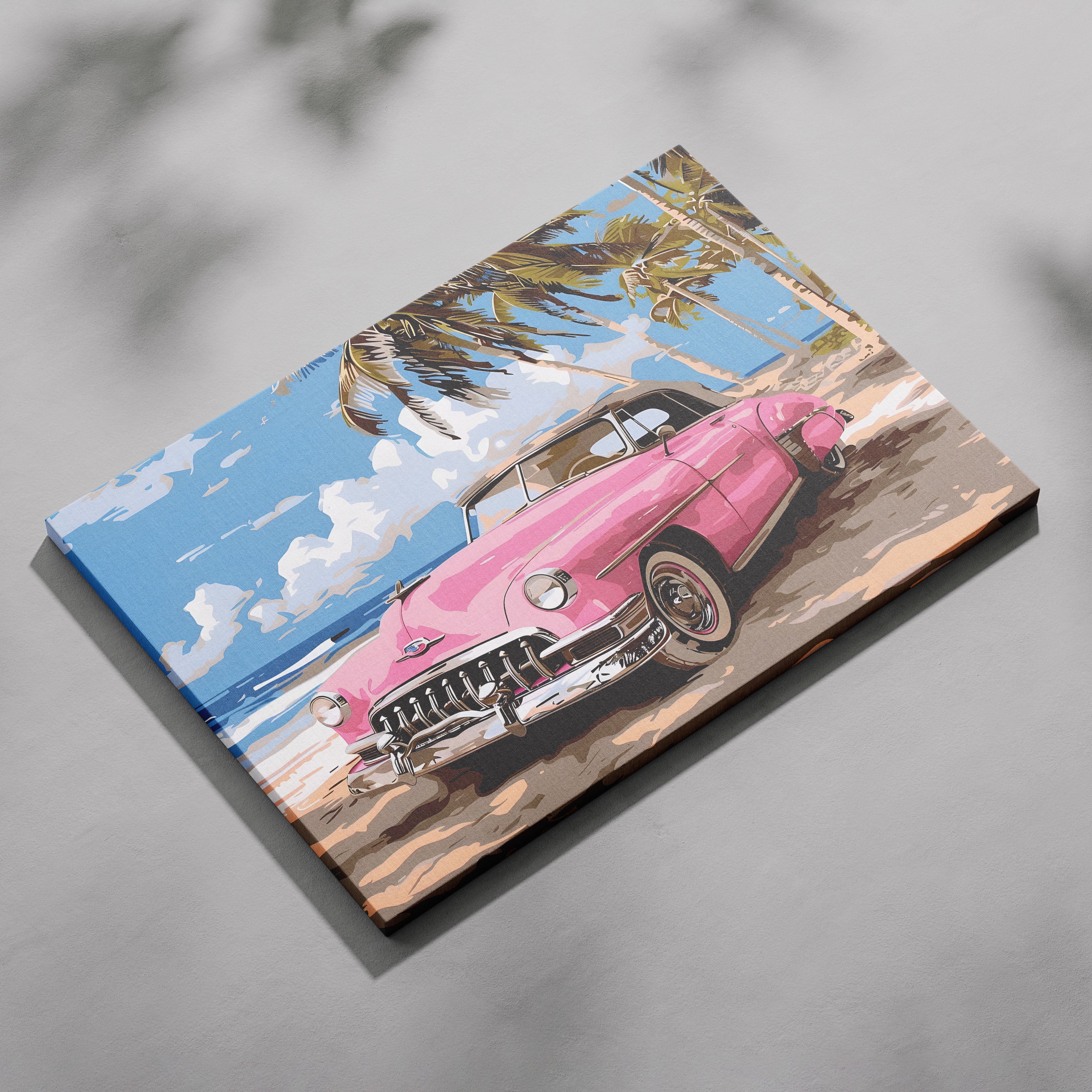 Pink Retro Cadillac Car in Paradise - Framed Canvas Wall Art Print
