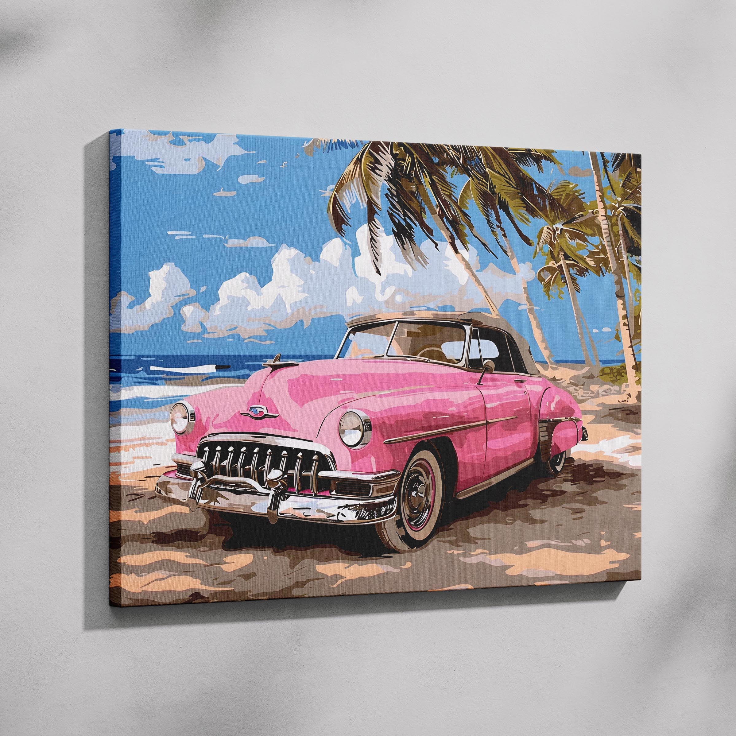 Pink Retro Cadillac Car in Paradise - Framed Canvas Wall Art Print