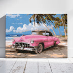 Pink Retro Cadillac Car in Paradise - Framed Canvas Wall Art Print | House Prints