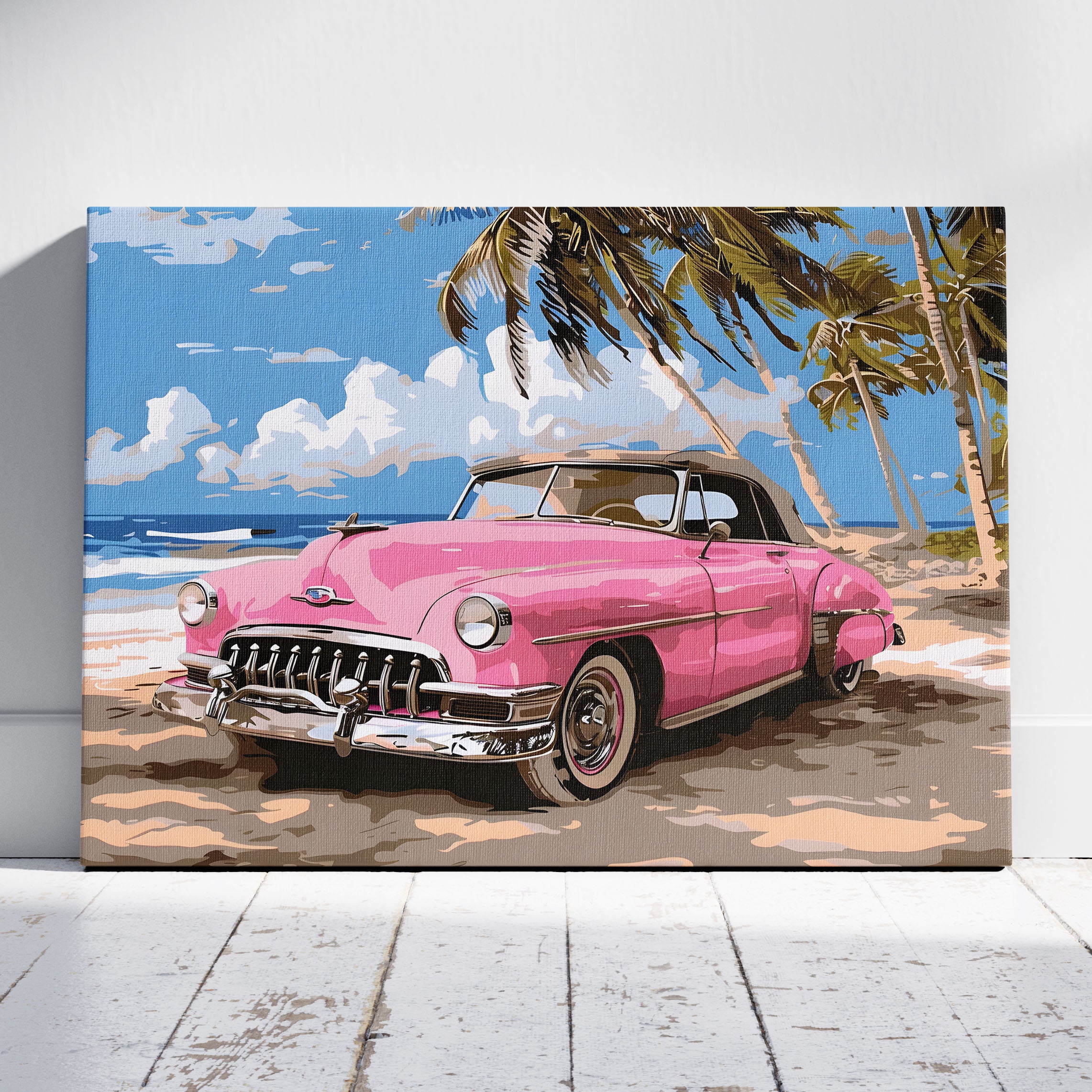 Pink Retro Cadillac Car in Paradise - Framed Canvas Wall Art Print