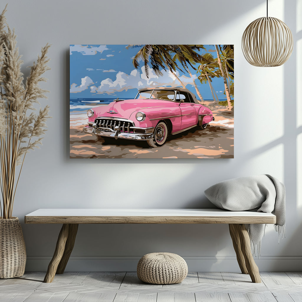 Pink Retro Cadillac Car in Paradise - Framed Canvas Wall Art Print