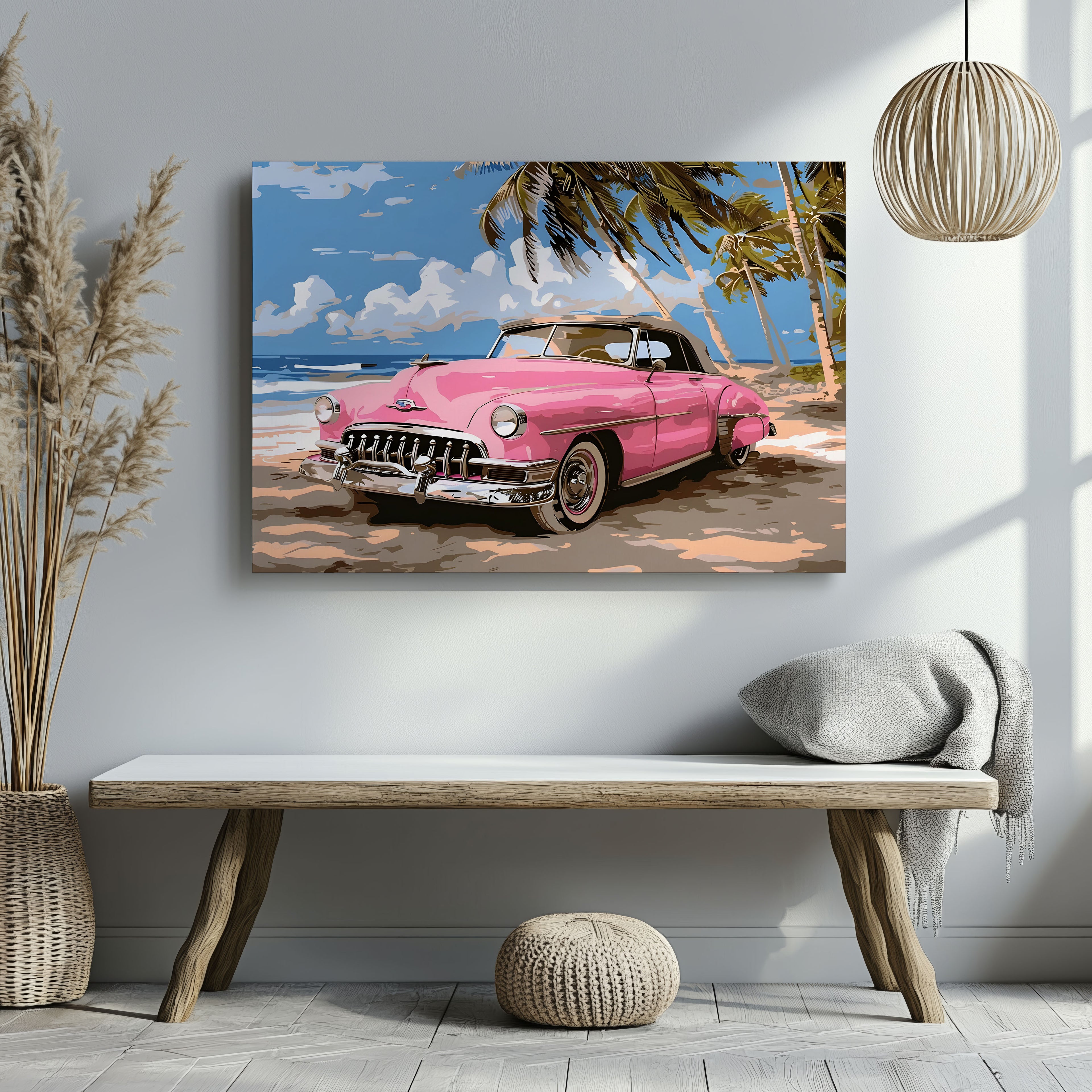 Pink Retro Cadillac Car in Paradise - Framed Canvas Wall Art Print