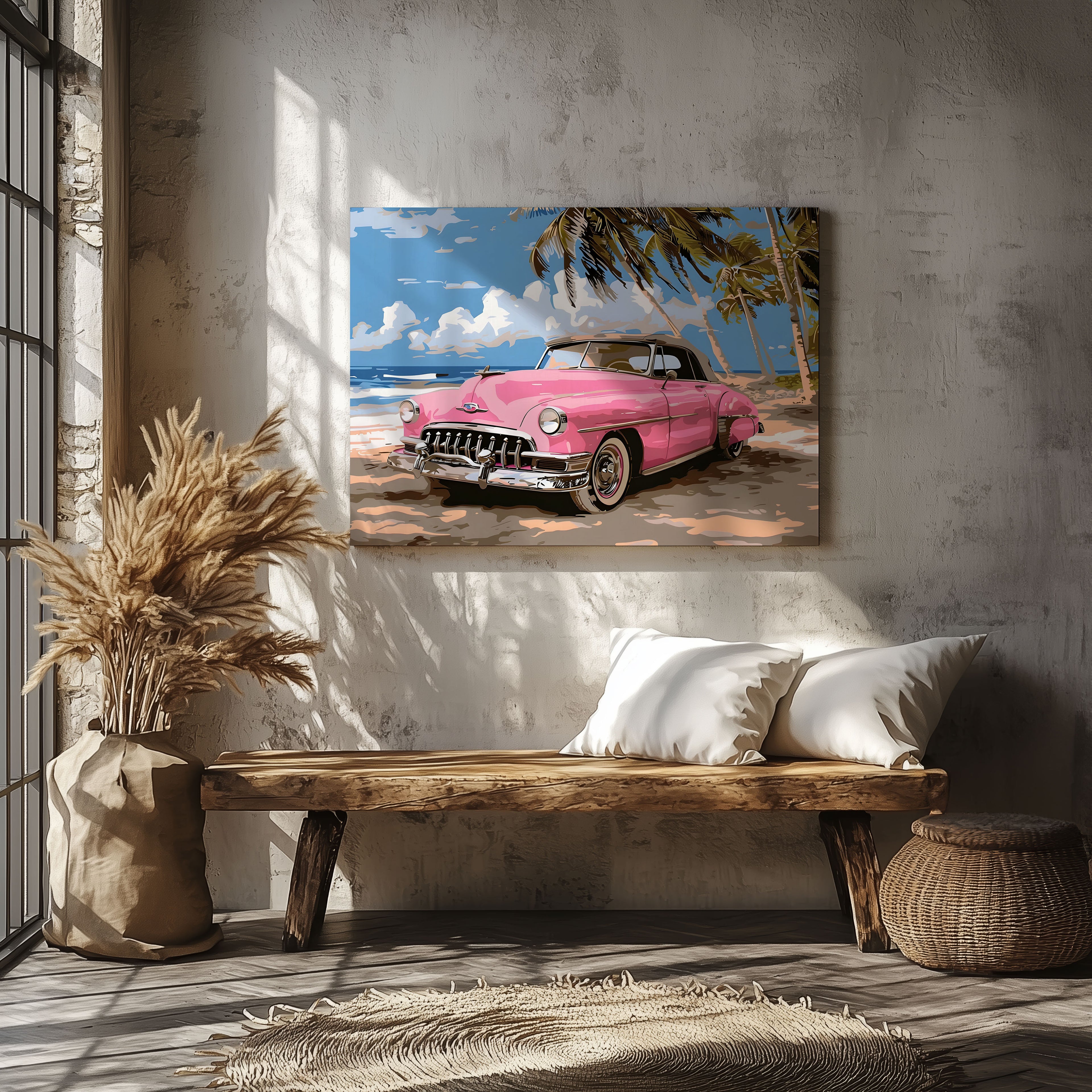 Pink Retro Cadillac Car in Paradise - Framed Canvas Wall Art Print