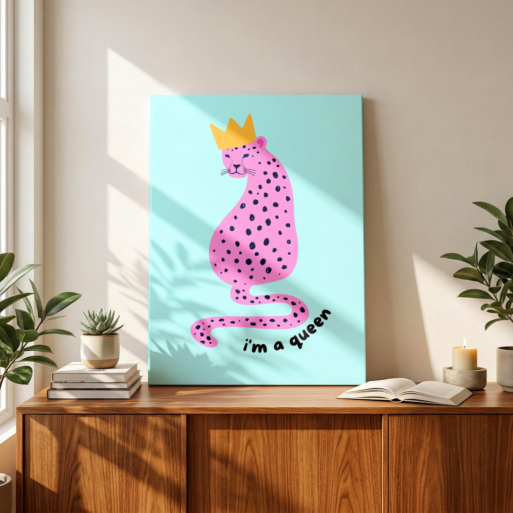 Modern Pink Leopard I'm a Queen Quote - Framed Canvas Wall Art Print