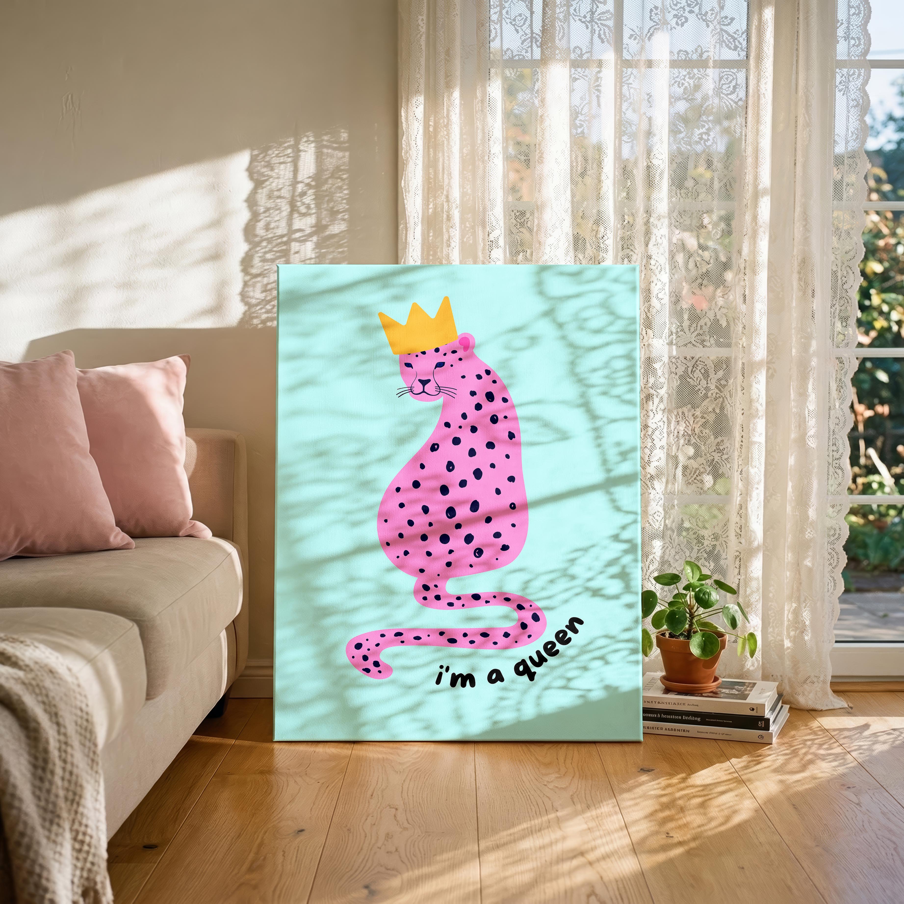 Modern Pink Leopard I'm a Queen Quote - Framed Canvas Wall Art Print