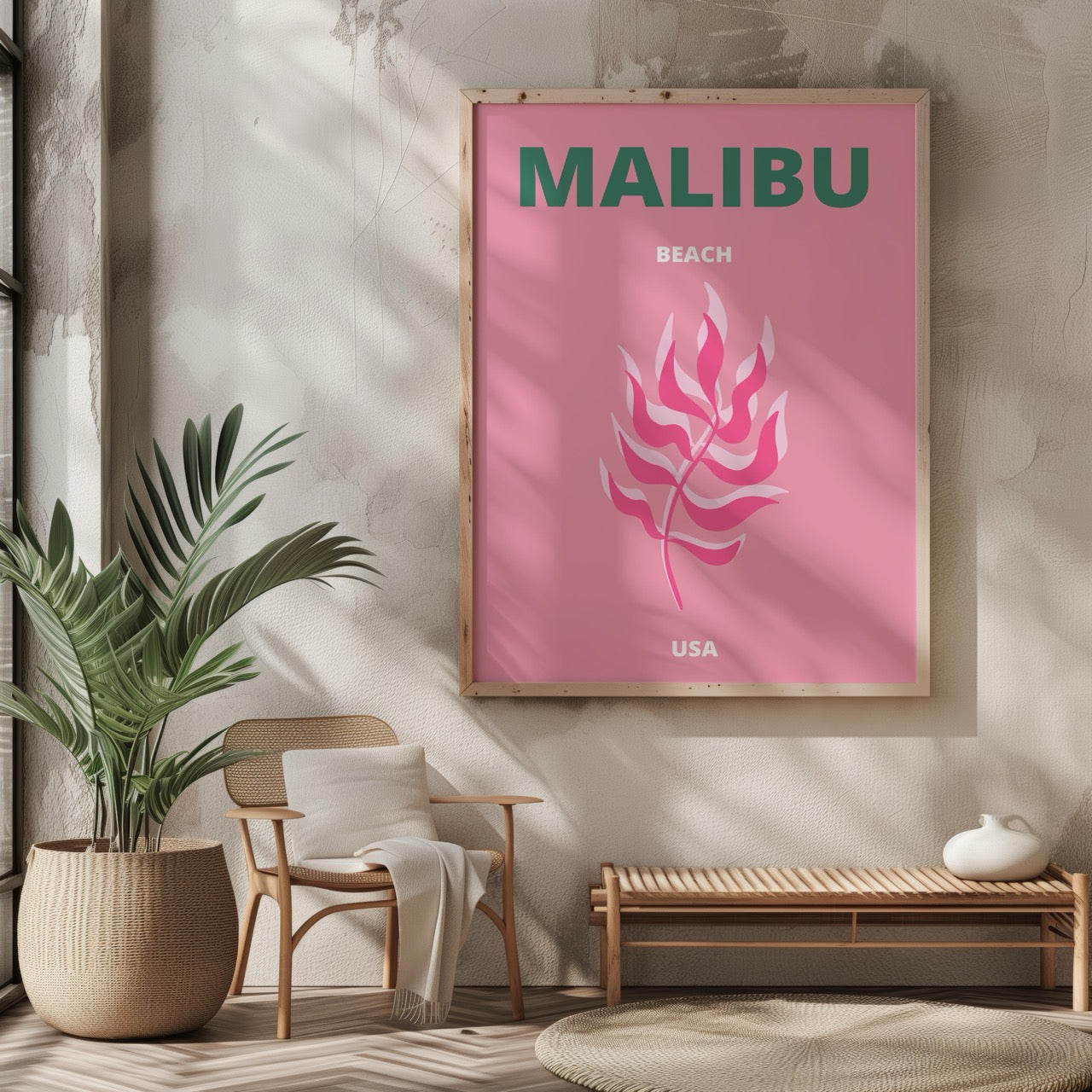 Pink & Green Malibu Beach California Travel - Rolled Poster Wall Art Print