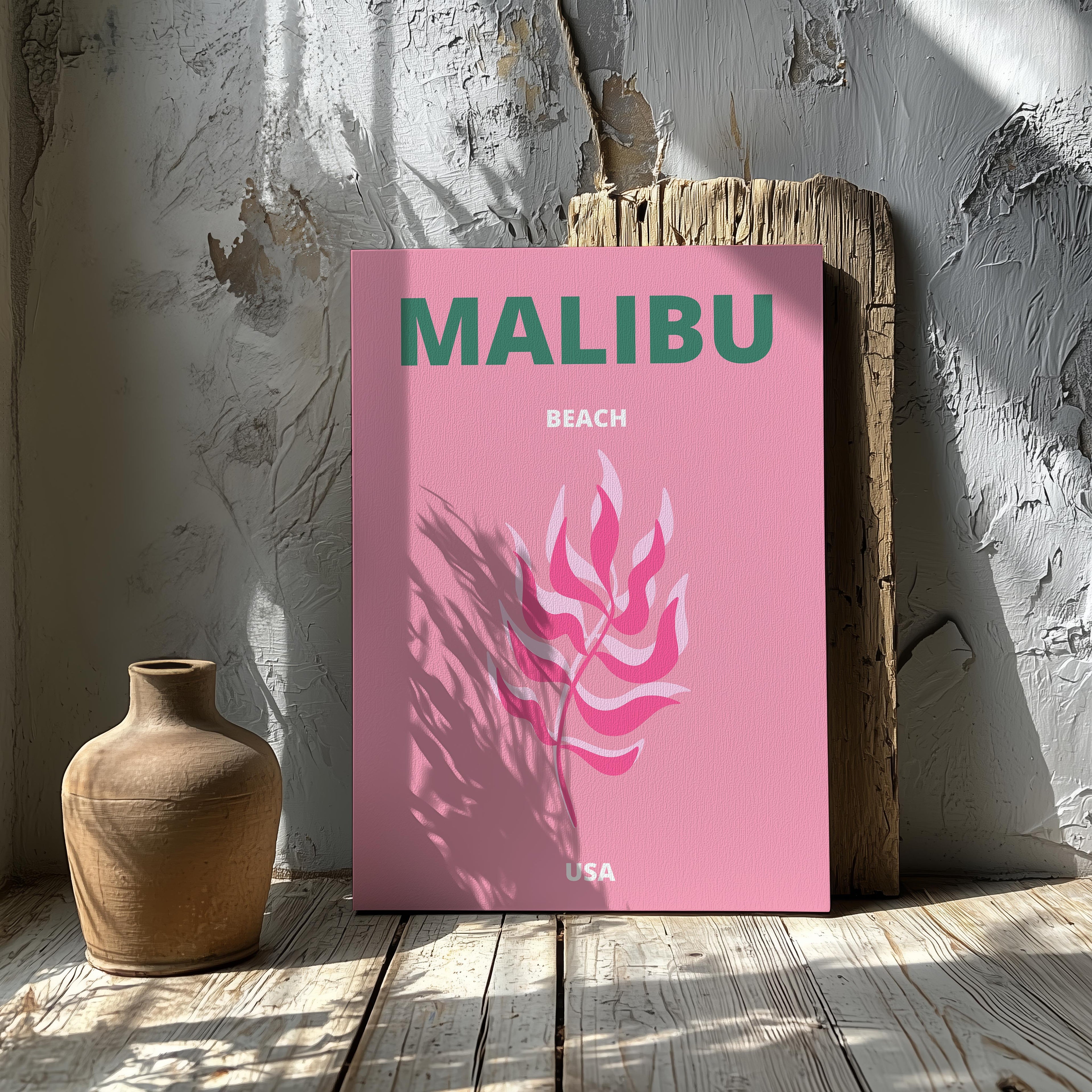 Pink & Green Malibu Beach California Travel - Framed Canvas Wall Art Print