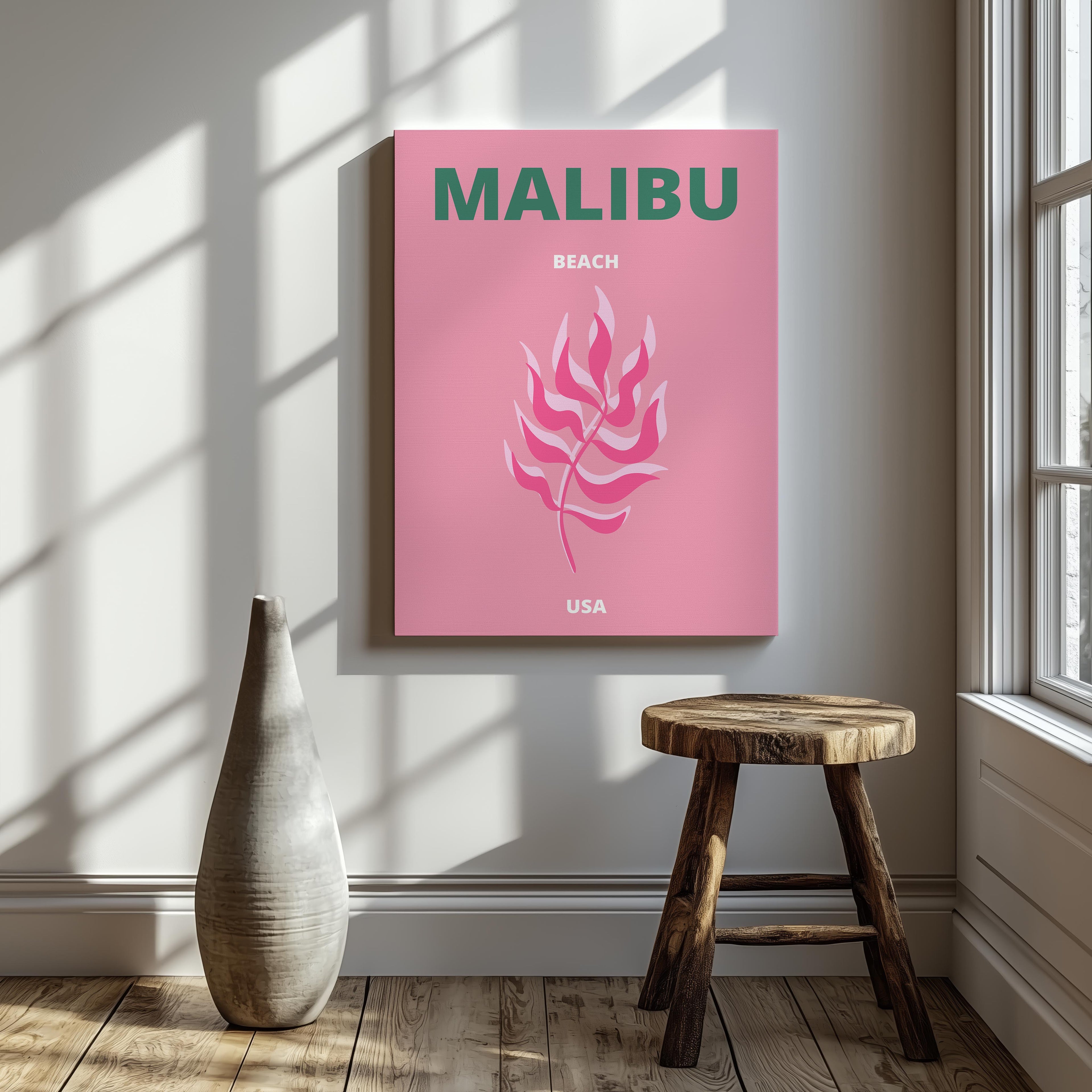 Pink & Green Malibu Beach California Travel - Framed Canvas Wall Art Print