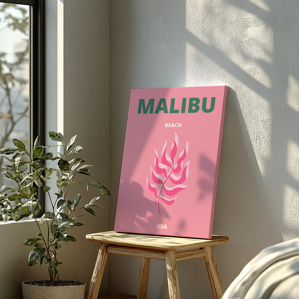 Pink & Green Malibu Beach California Travel - Framed Canvas Wall Art Print | House Prints